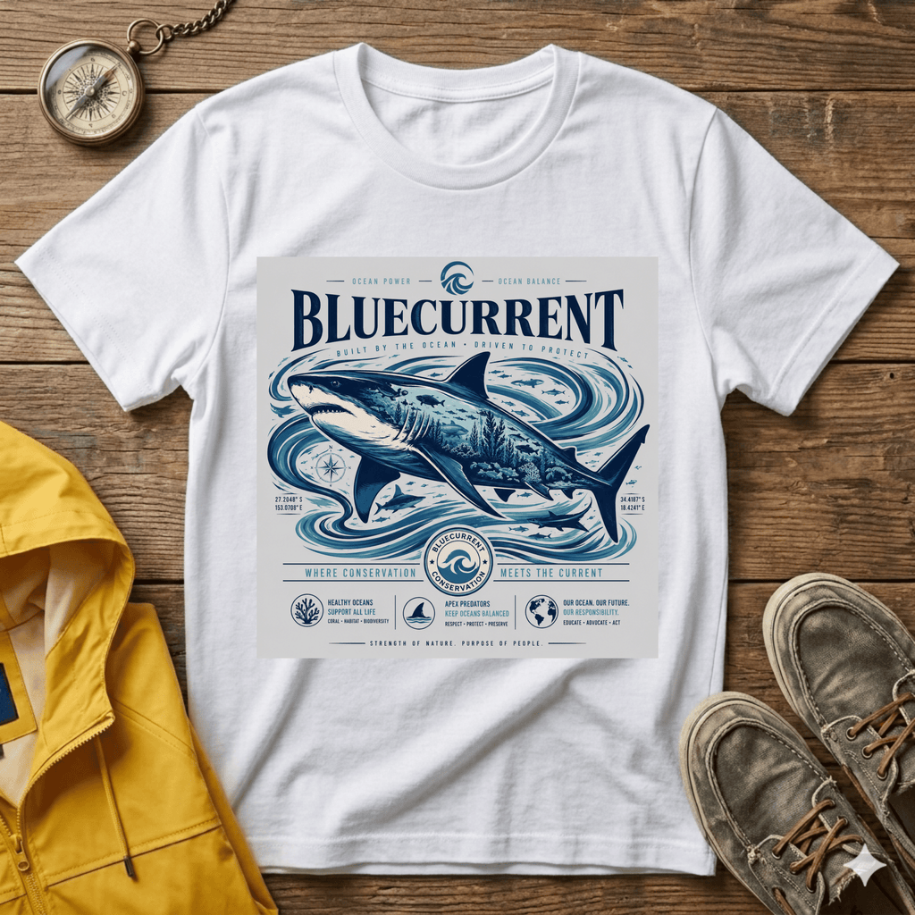 Bluecurrent Shark Graphic T‑Shirt — Vintage Ocean Surf Design