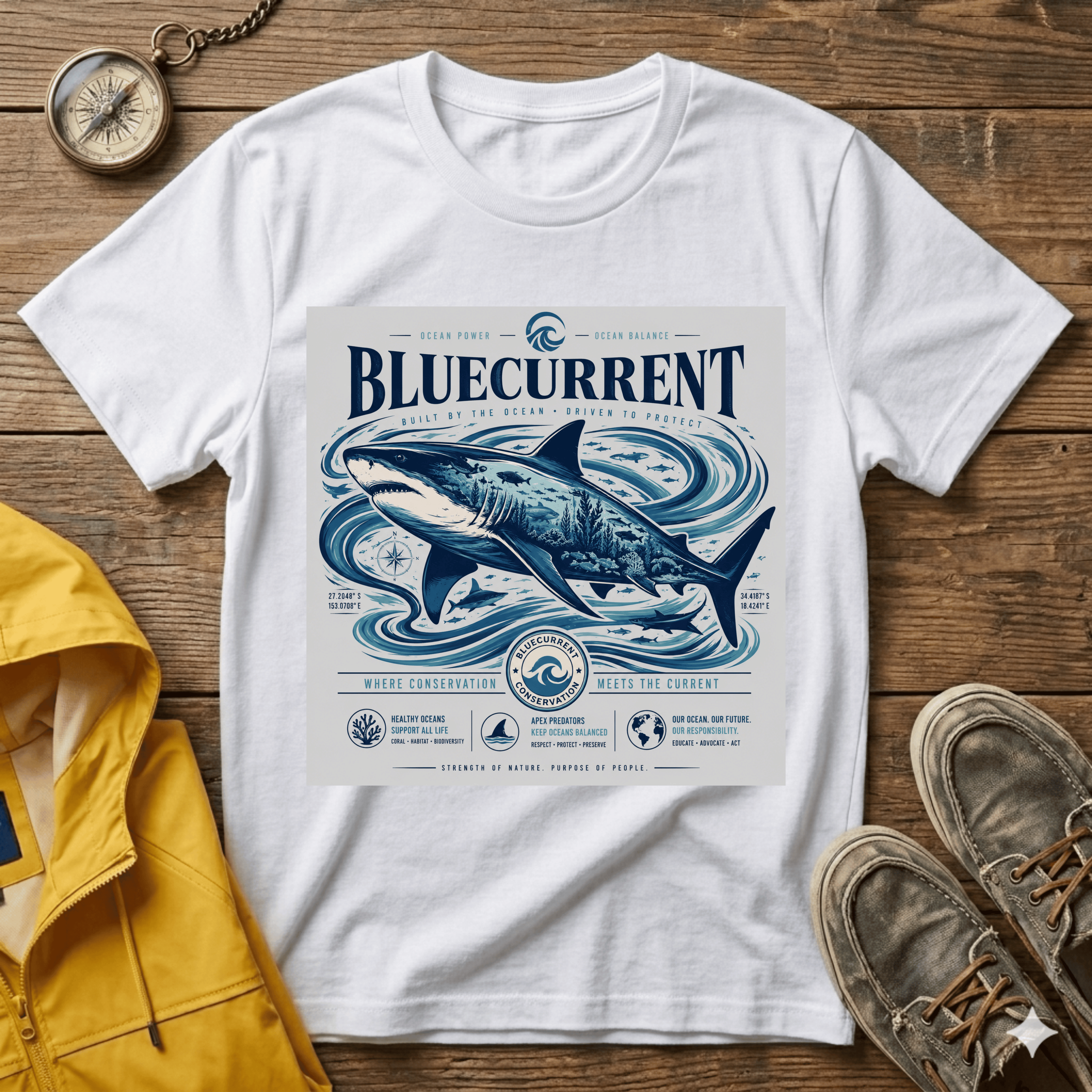 Bluecurrent Shark Graphic T‑Shirt — Vintage Ocean Surf Design