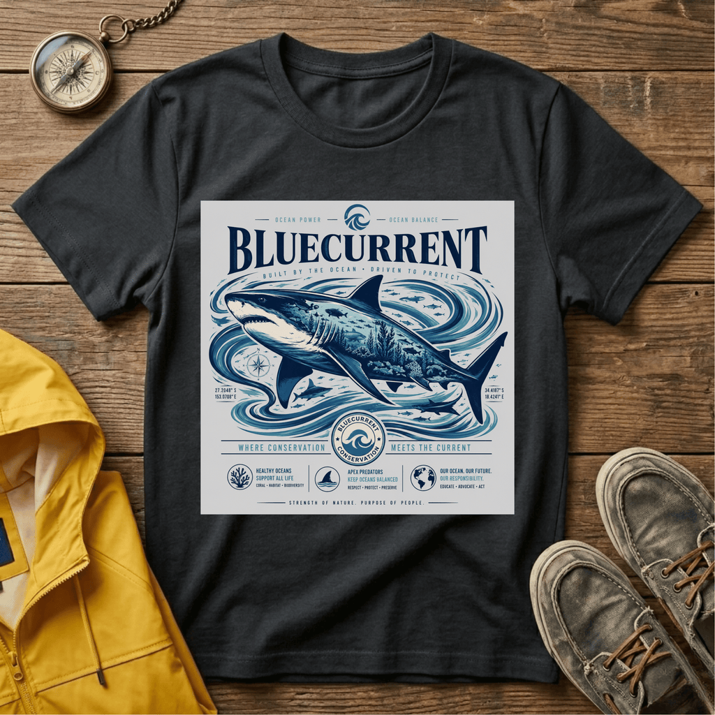 Bluecurrent Shark Graphic T‑Shirt — Vintage Ocean Surf Design