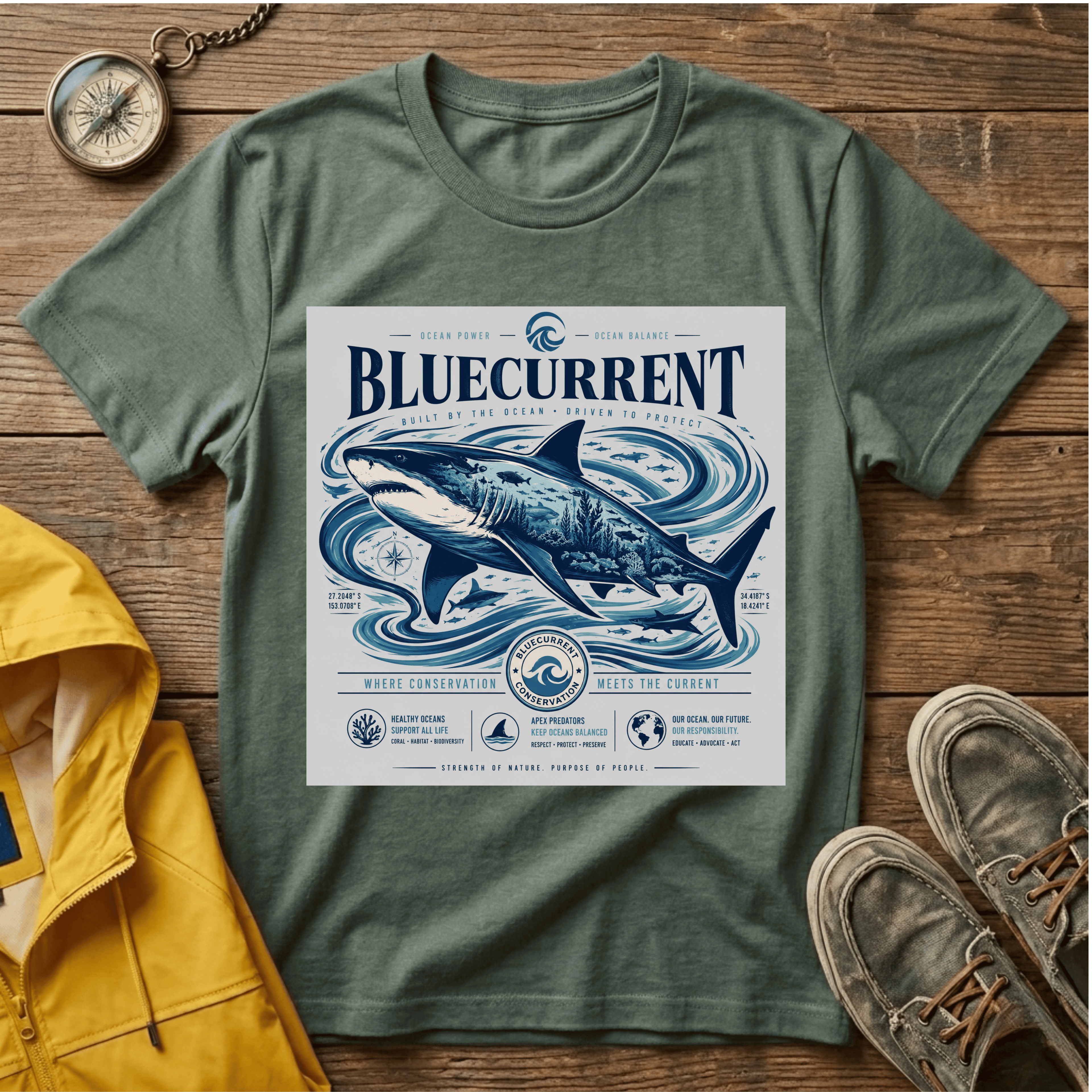 Bluecurrent Shark Graphic T‑Shirt — Vintage Ocean Surf Design