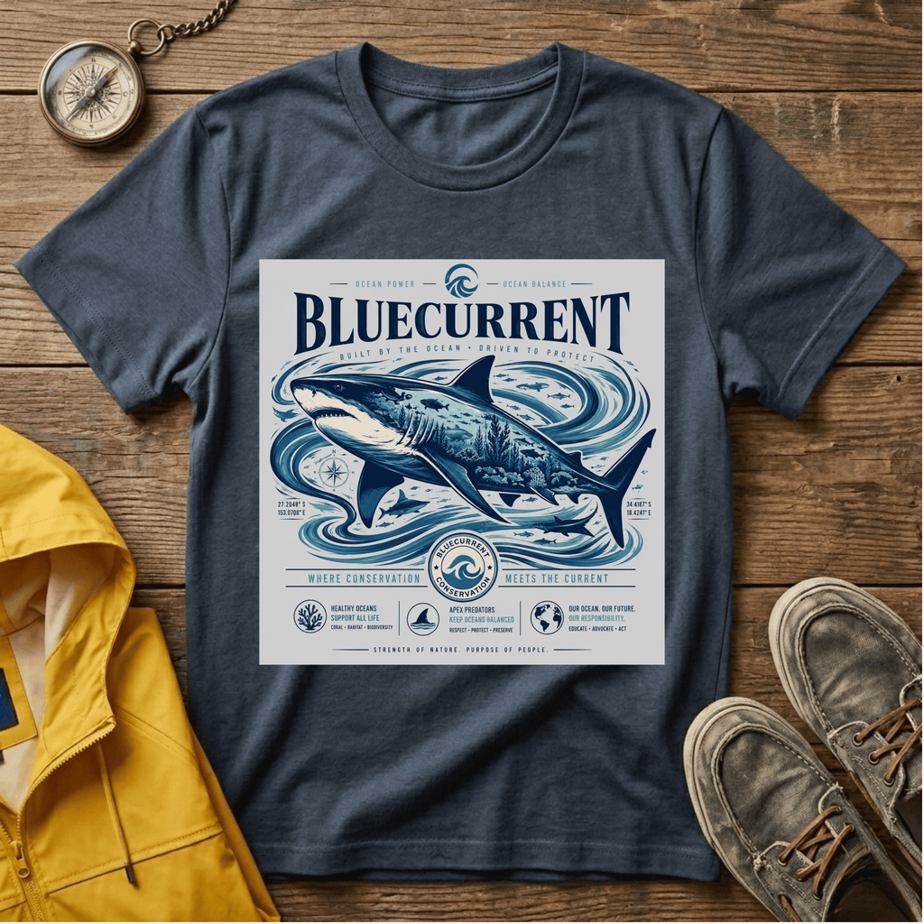 Bluecurrent Shark Graphic T‑Shirt — Vintage Ocean Surf Design