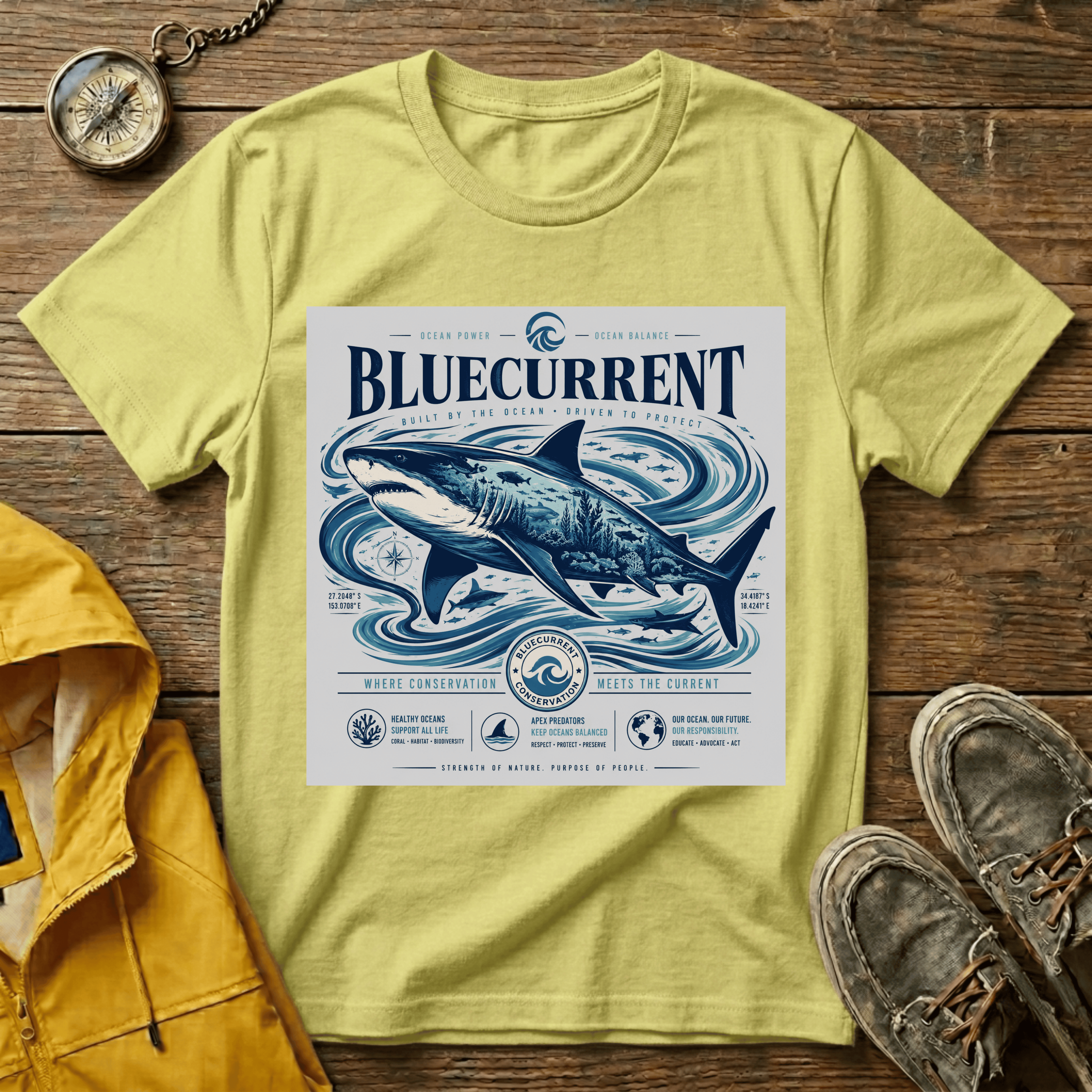 Bluecurrent Shark Graphic T‑Shirt — Vintage Ocean Surf Design