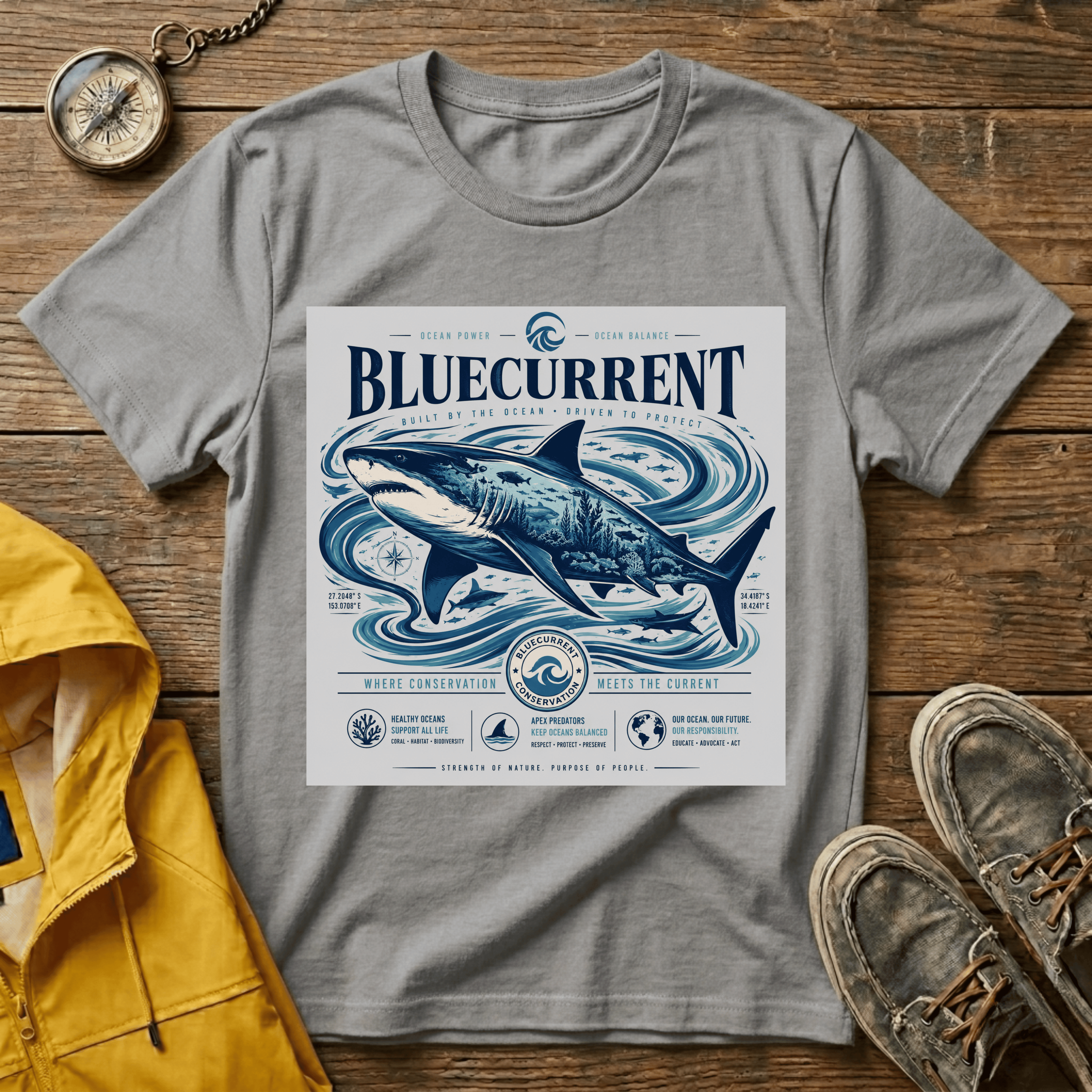 Bluecurrent Shark Graphic T‑Shirt — Vintage Ocean Surf Design