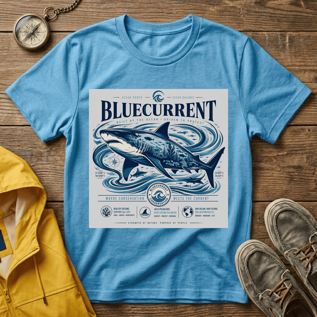 Bluecurrent Shark Graphic T‑Shirt — Vintage Ocean Surf Design