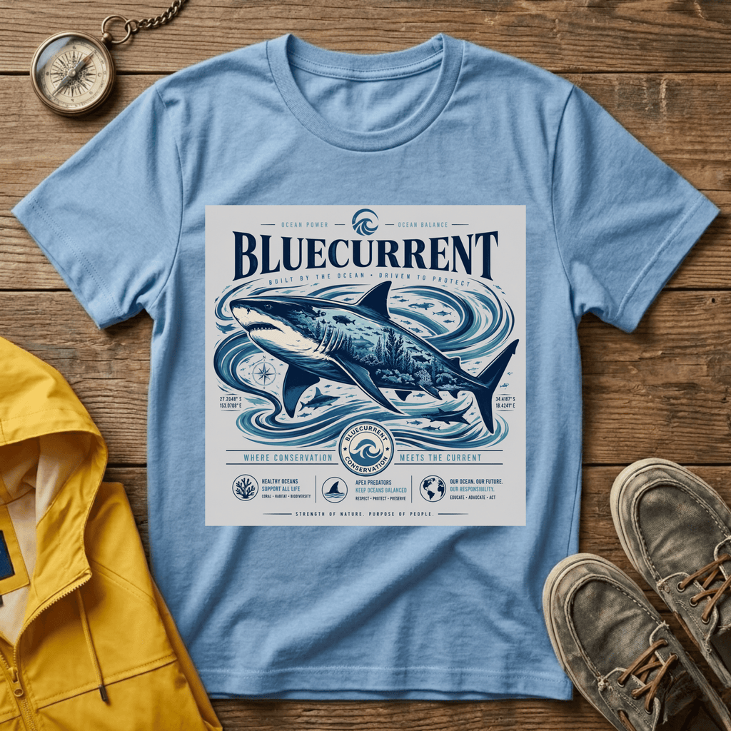 Bluecurrent Shark Graphic T‑Shirt — Vintage Ocean Surf Design