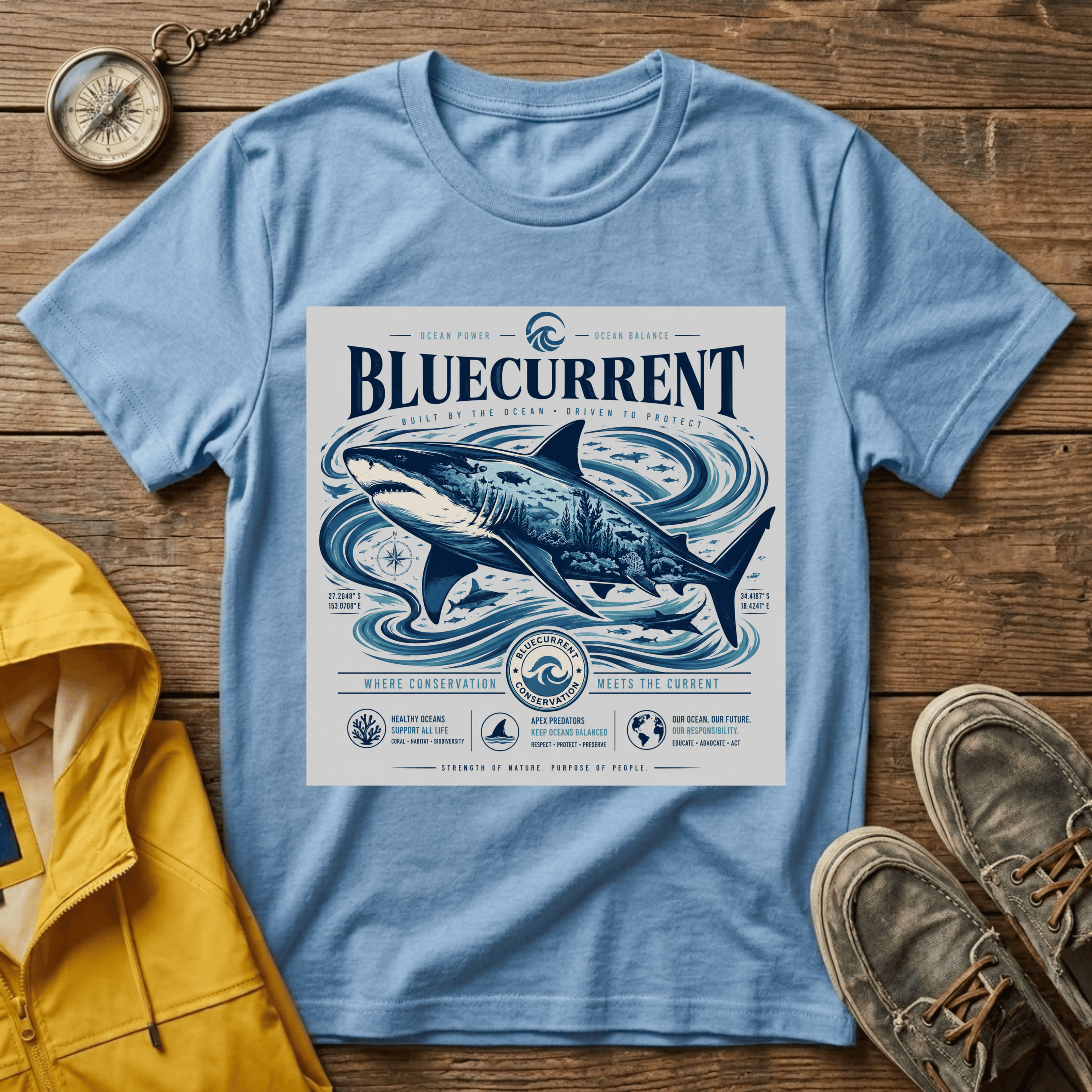 Bluecurrent Shark Graphic T‑Shirt — Vintage Ocean Surf Design