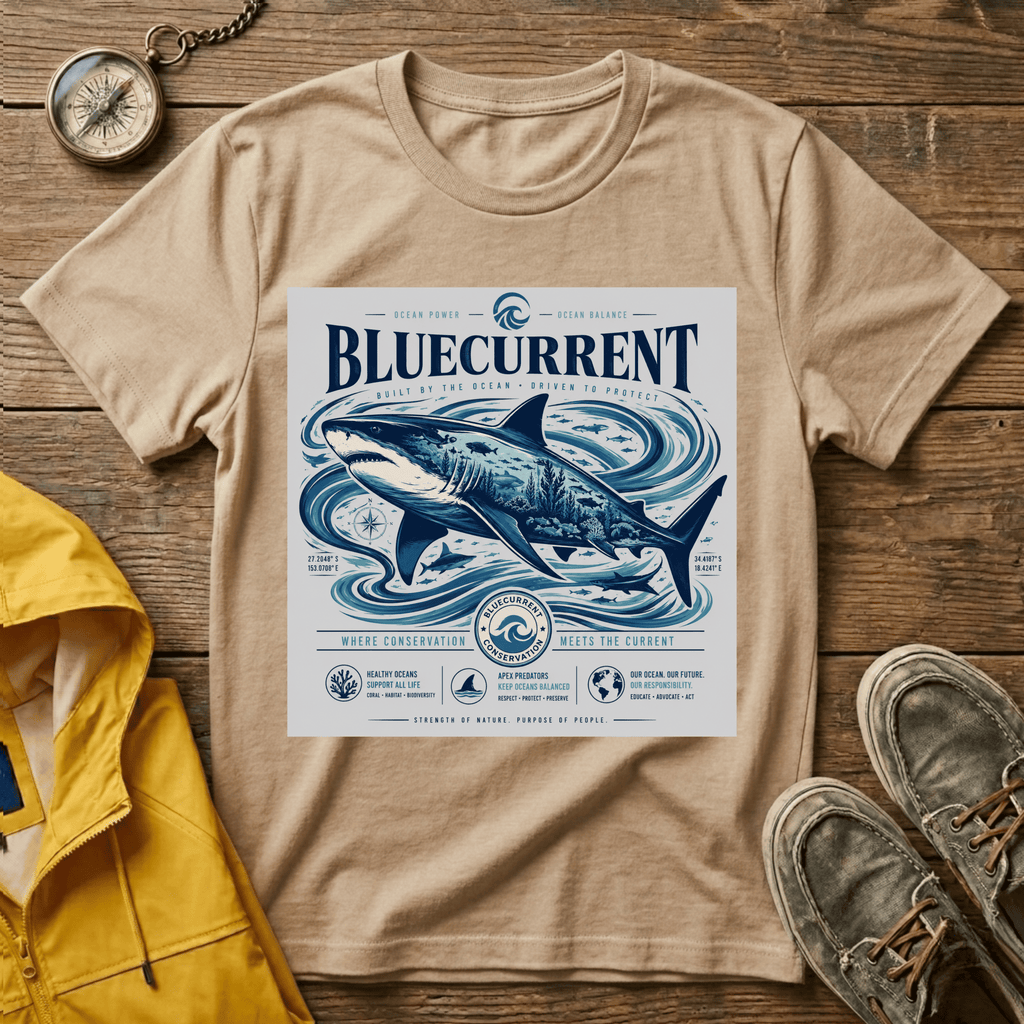 Bluecurrent Shark Graphic T‑Shirt — Vintage Ocean Surf Design