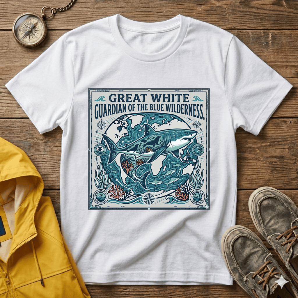 Great White Shark T-Shirt — "Guardian of the Blue Wilderness" Graphic Tee