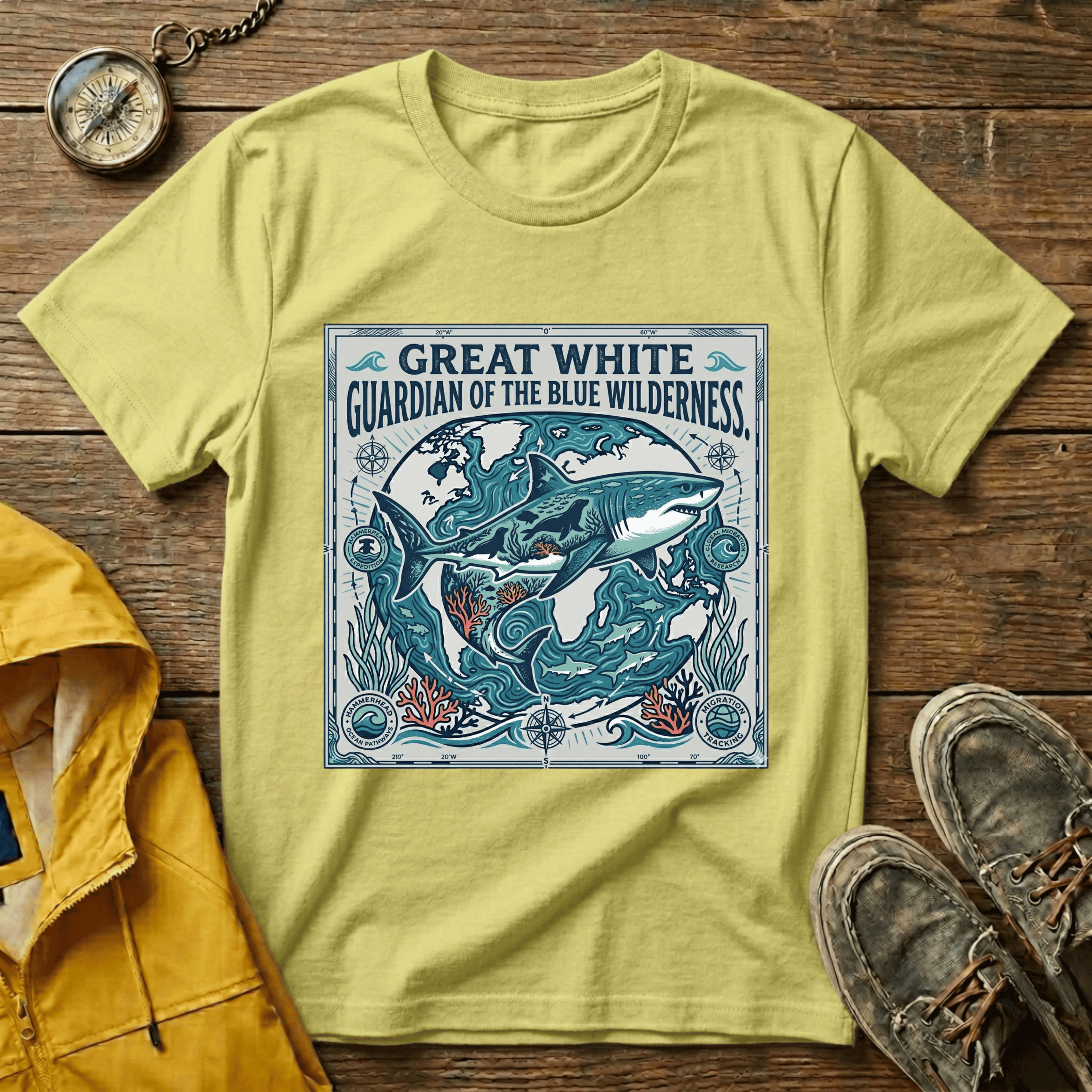 Great White Shark T-Shirt — "Guardian of the Blue Wilderness" Graphic Tee
