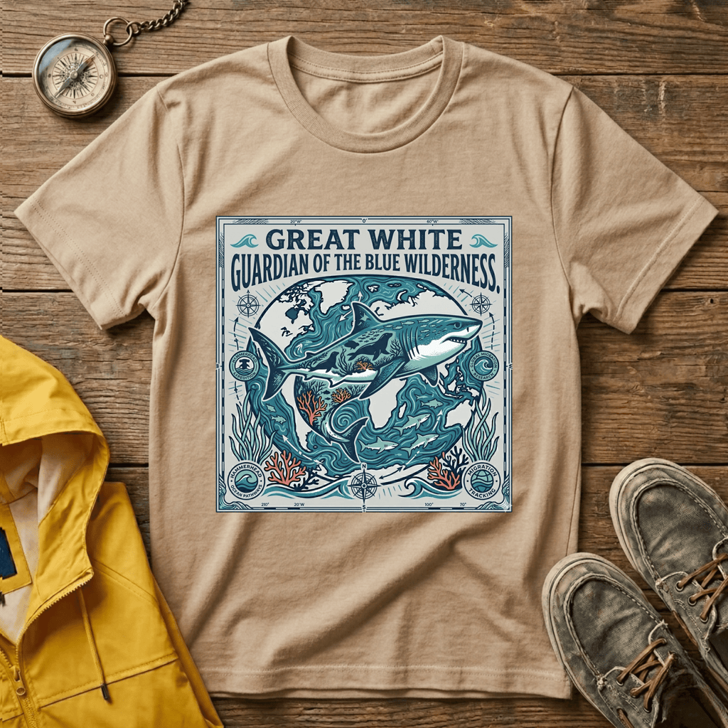 Great White Shark T-Shirt — "Guardian of the Blue Wilderness" Graphic Tee