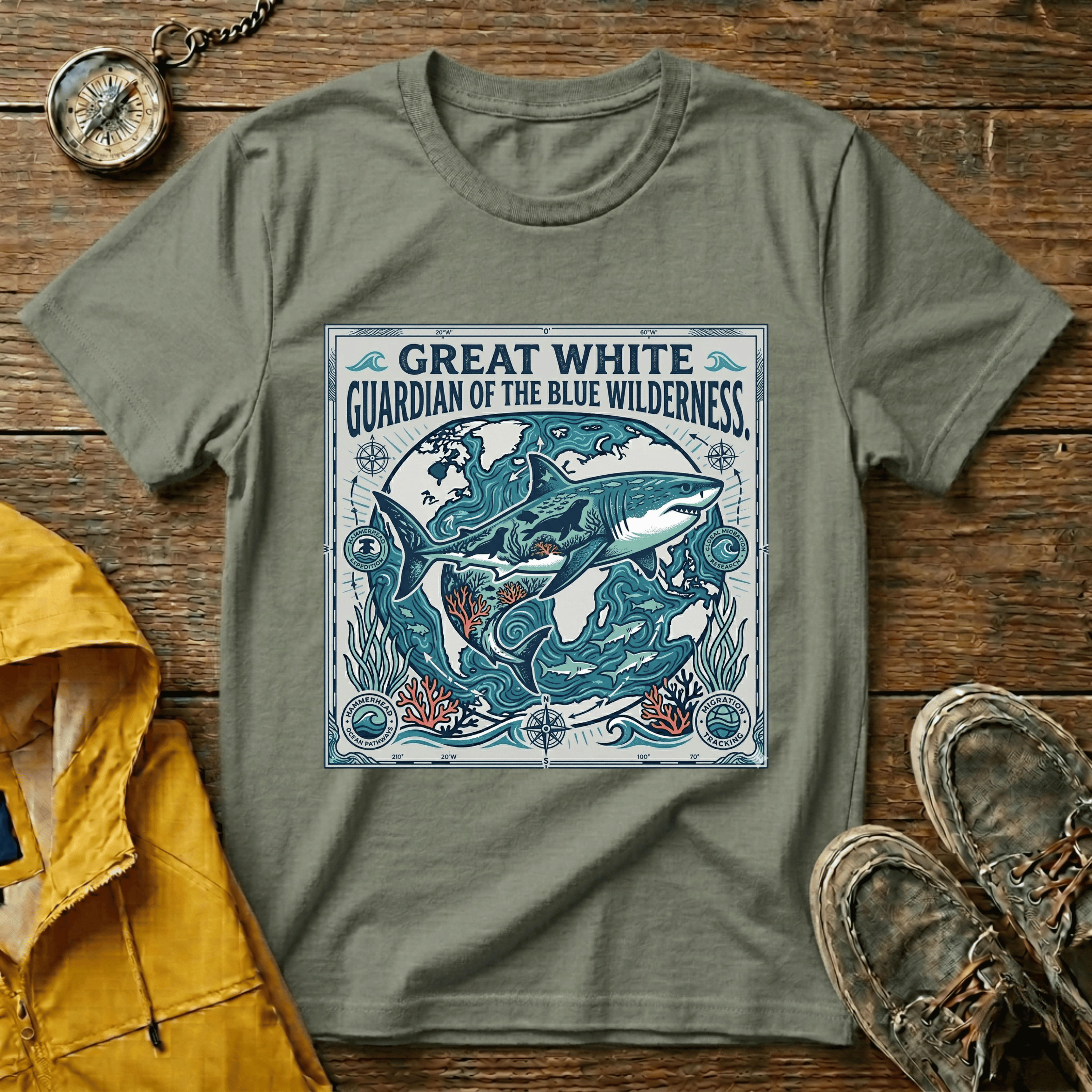 Great White Shark T-Shirt — "Guardian of the Blue Wilderness" Graphic Tee