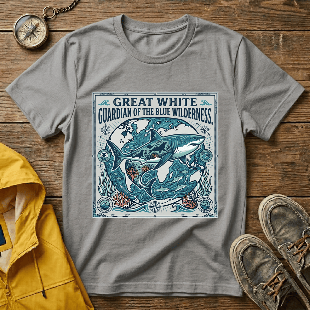 Great White Shark T-Shirt — "Guardian of the Blue Wilderness" Graphic Tee