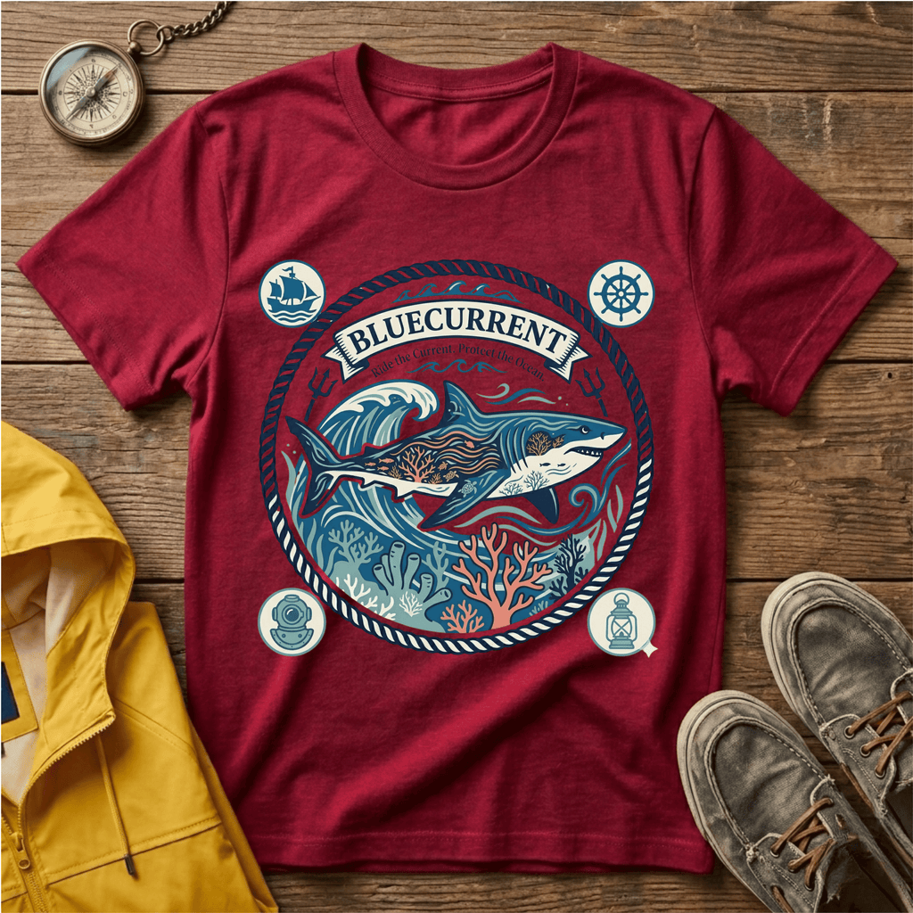 Shark Nautical Graphic T-Shirt — "Bluecurrent" Ocean Adventure Tee