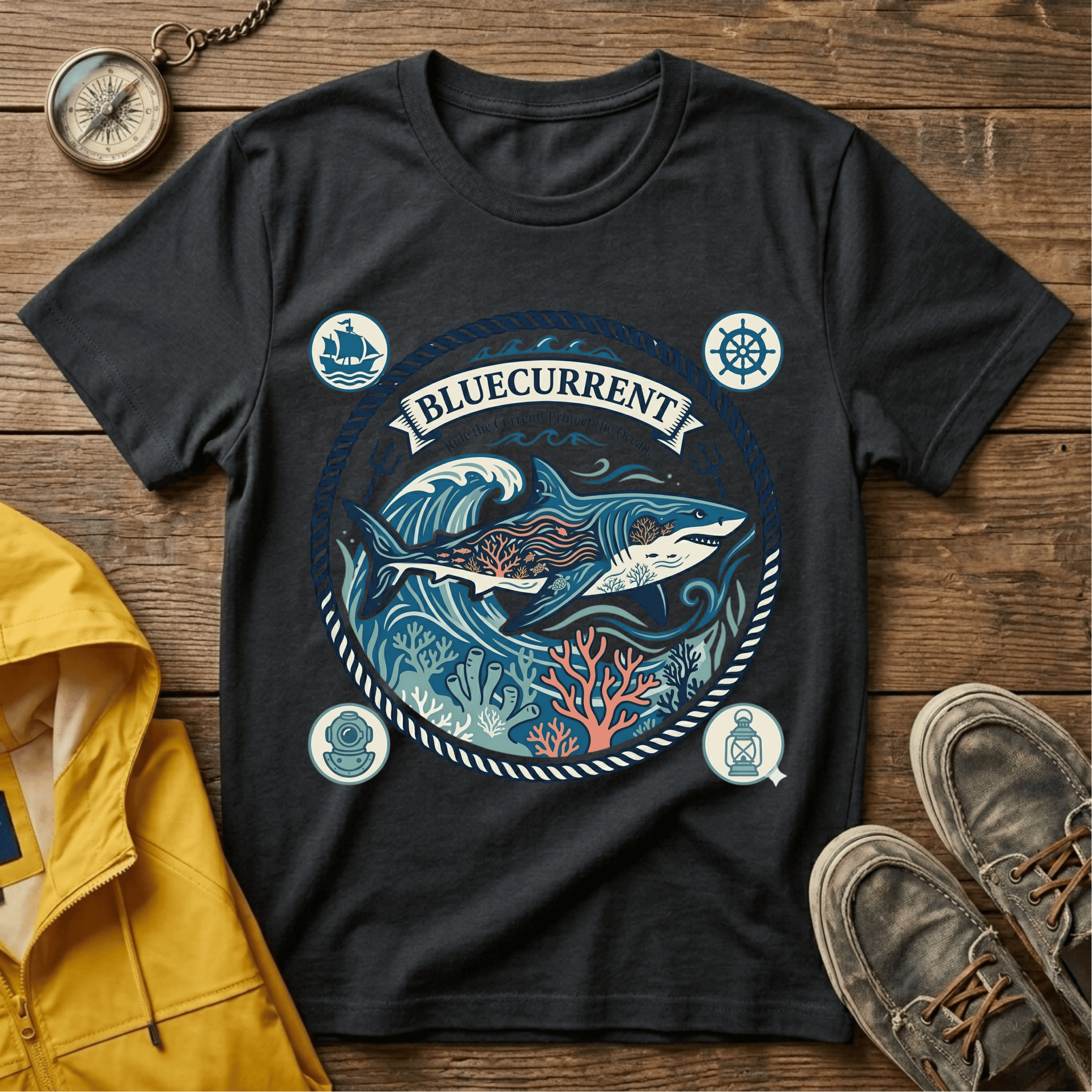 Shark Nautical Graphic T-Shirt — "Bluecurrent" Ocean Adventure Tee