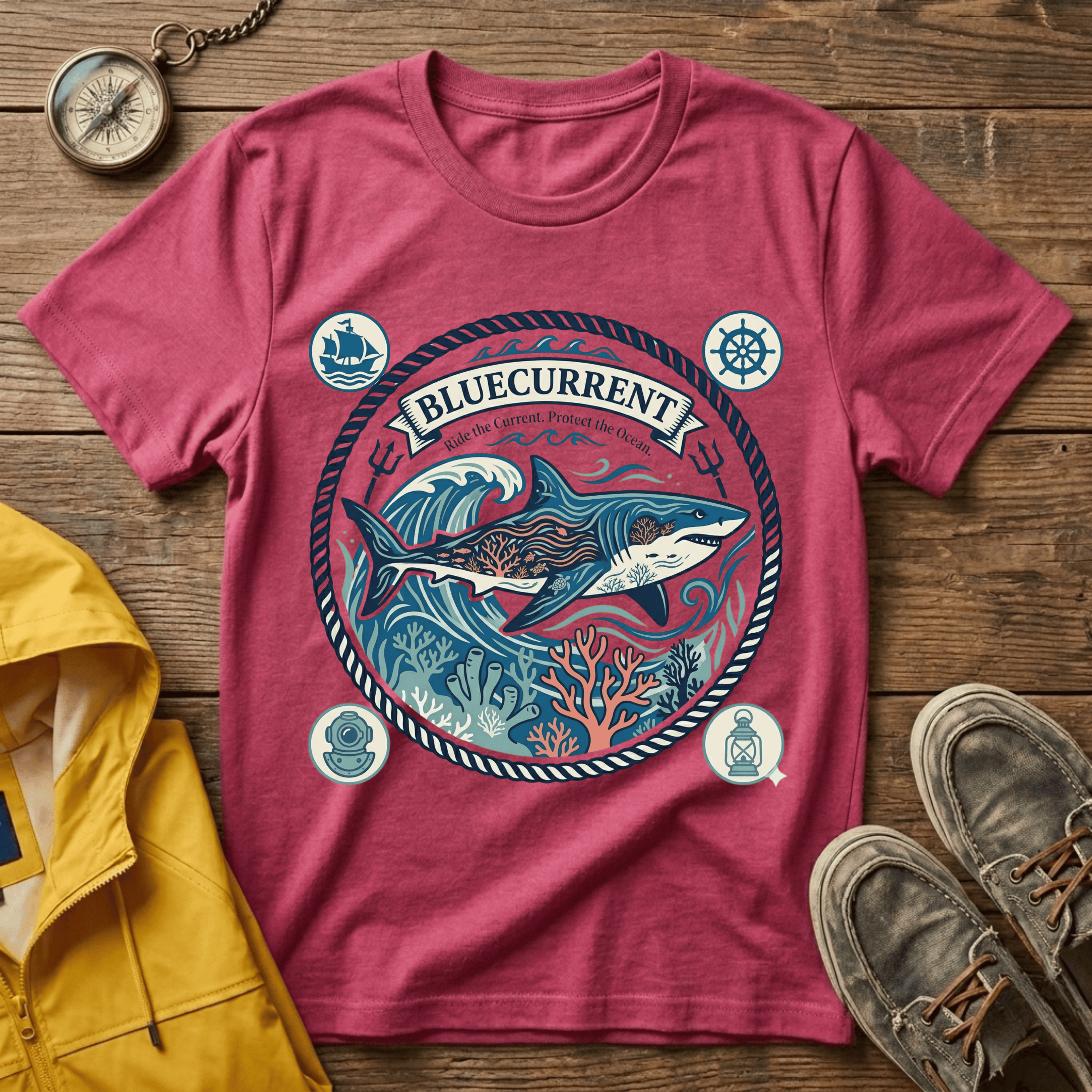 Shark Nautical Graphic T-Shirt — "Bluecurrent" Ocean Adventure Tee