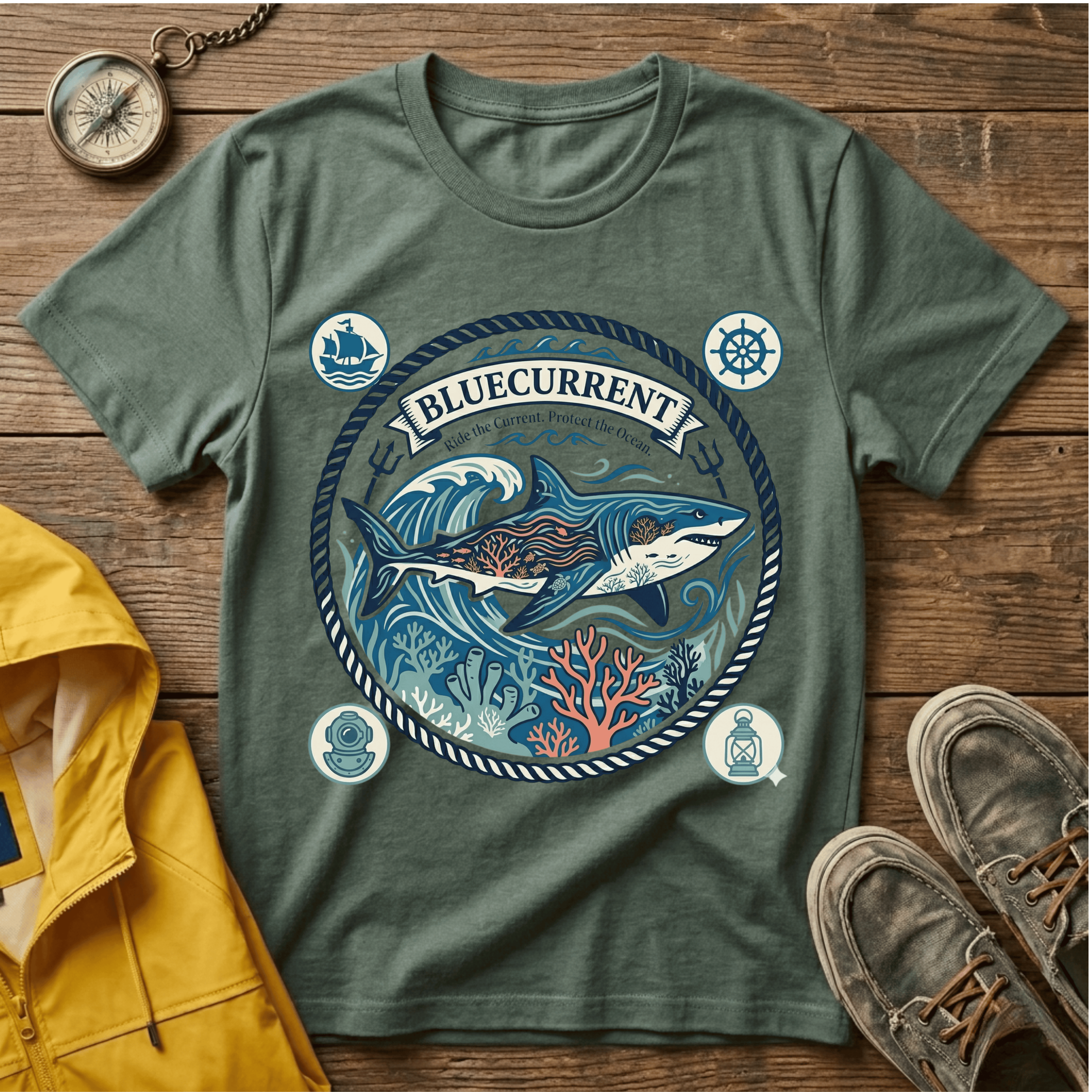 Shark Nautical Graphic T-Shirt — "Bluecurrent" Ocean Adventure Tee