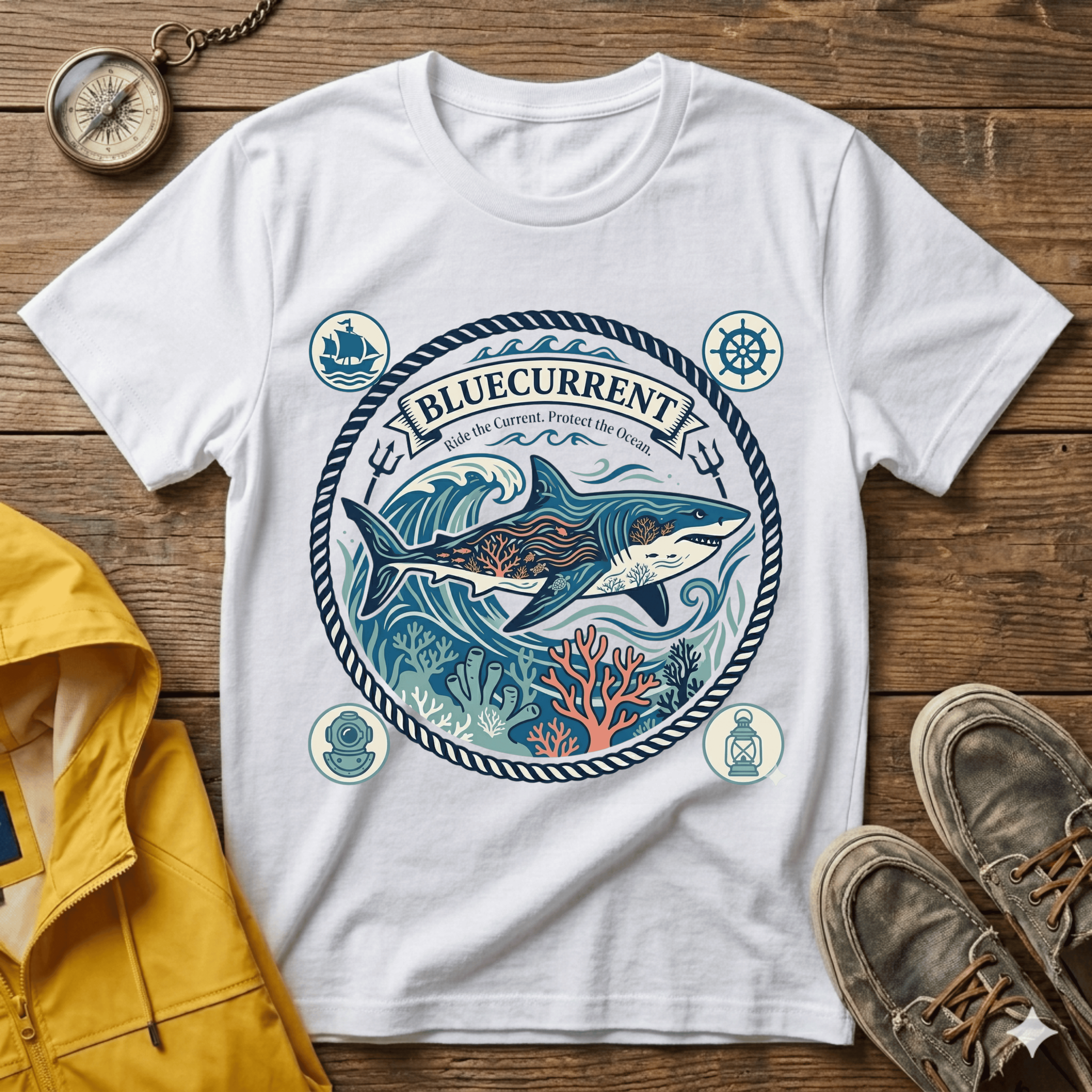 Shark Nautical Graphic T-Shirt — "Bluecurrent" Ocean Adventure Tee