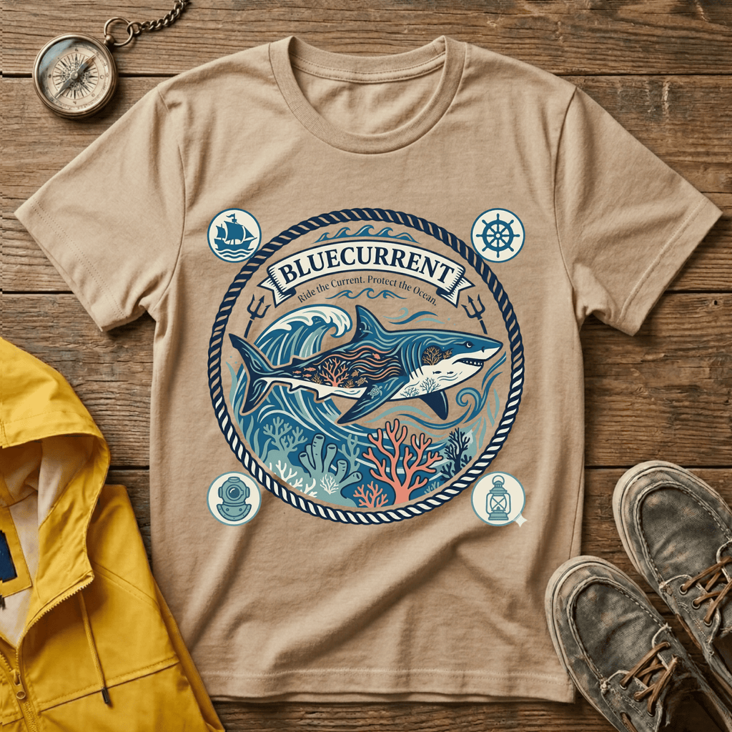 Shark Nautical Graphic T-Shirt — "Bluecurrent" Ocean Adventure Tee