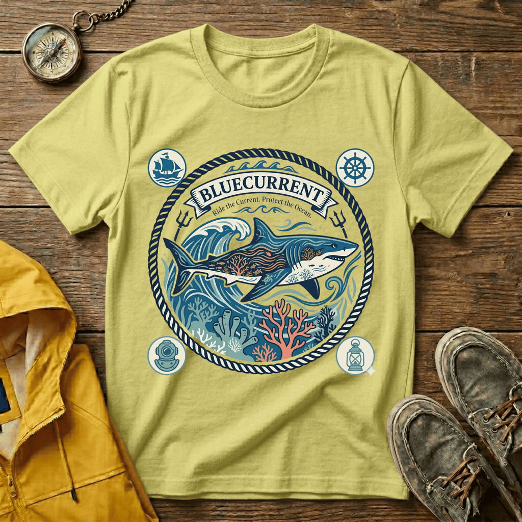 Shark Nautical Graphic T-Shirt — "Bluecurrent" Ocean Adventure Tee