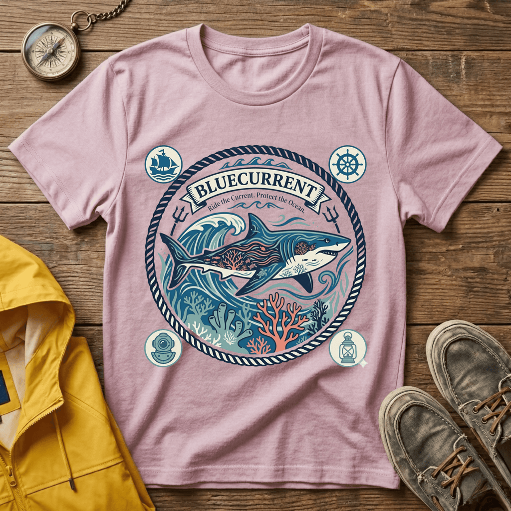 Shark Nautical Graphic T-Shirt — "Bluecurrent" Ocean Adventure Tee