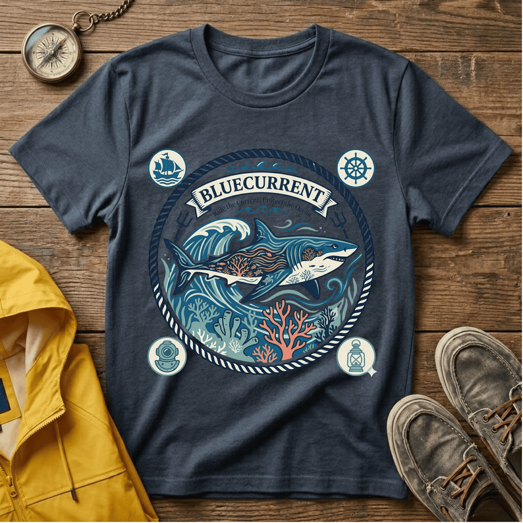 Shark Nautical Graphic T-Shirt — "Bluecurrent" Ocean Adventure Tee