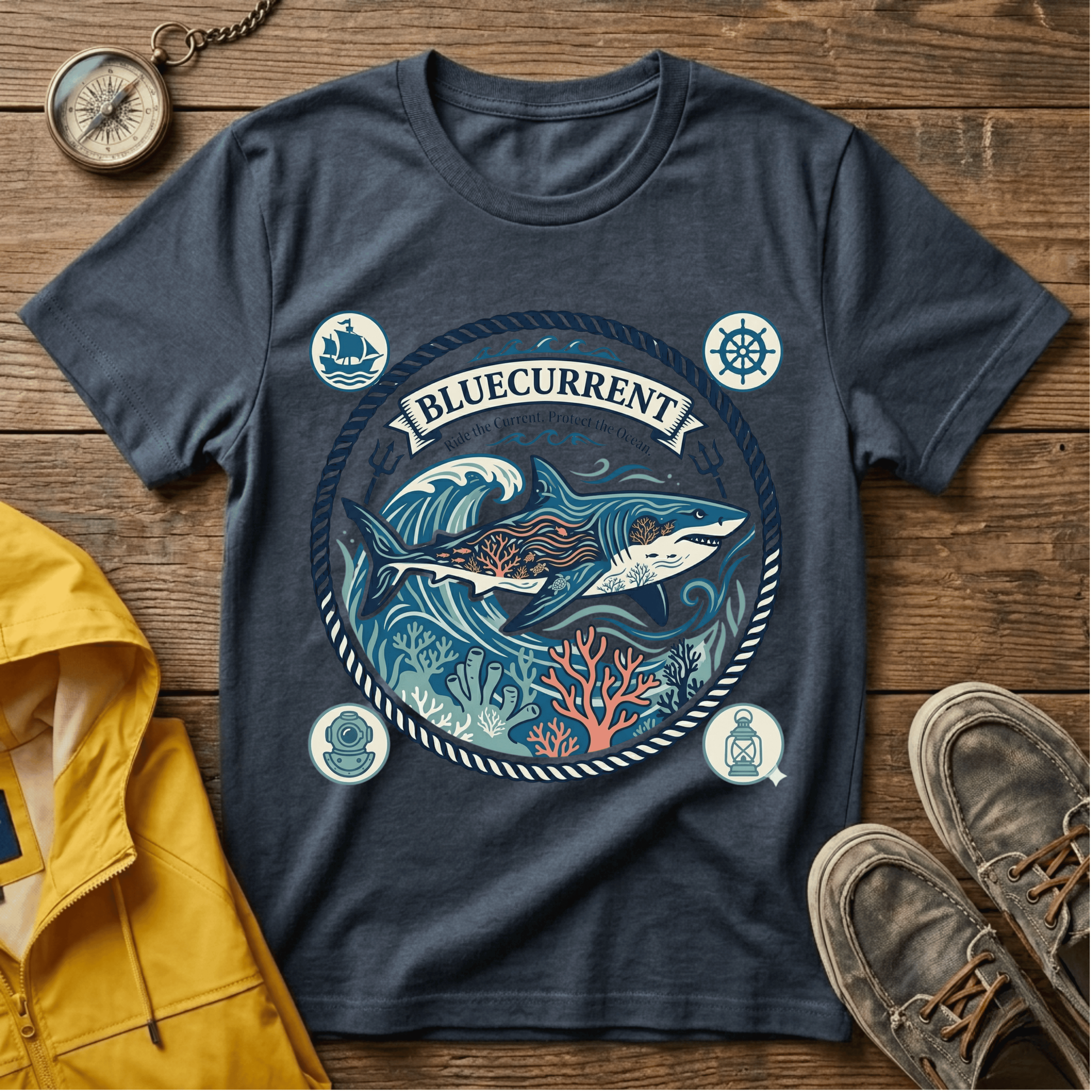 Shark Nautical Graphic T-Shirt — "Bluecurrent" Ocean Adventure Tee