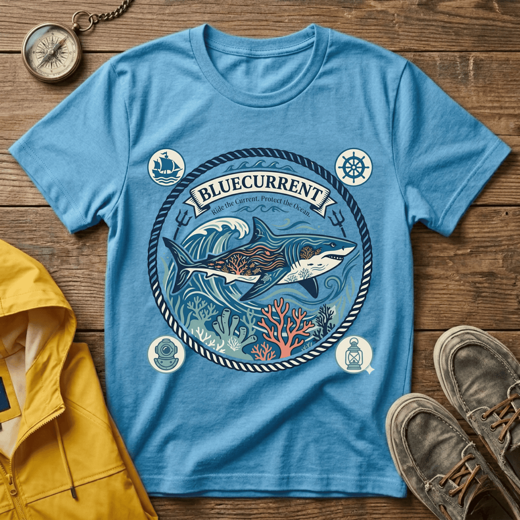 Shark Nautical Graphic T-Shirt — "Bluecurrent" Ocean Adventure Tee