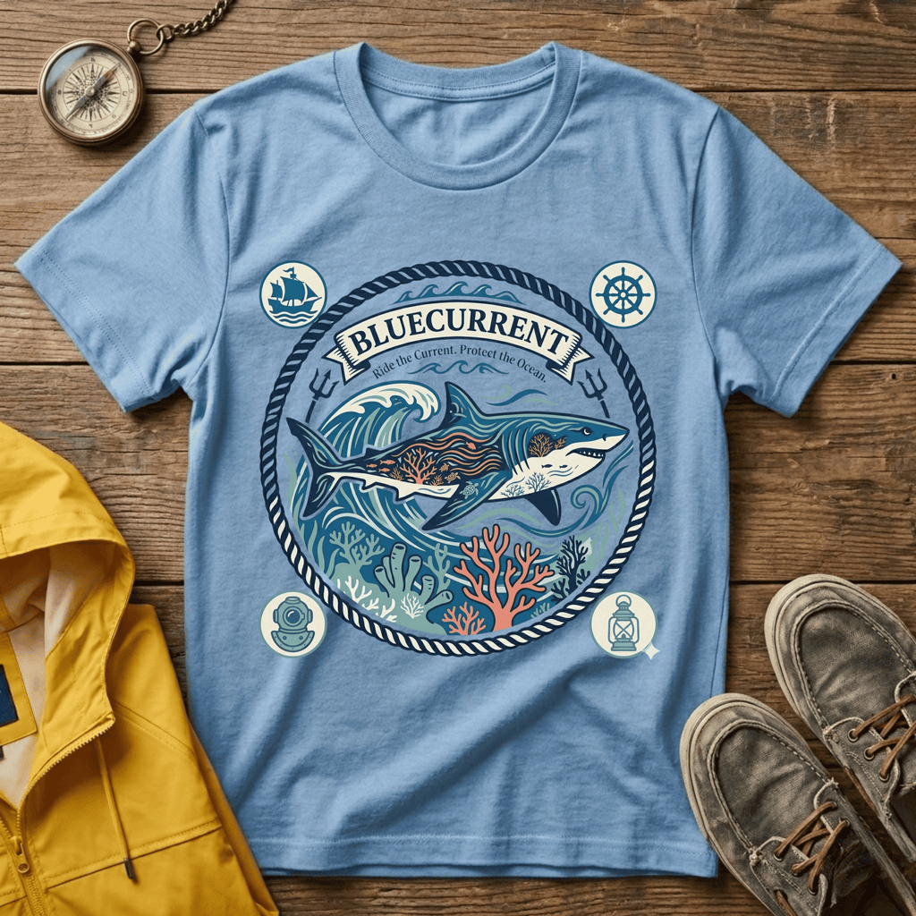 Shark Nautical Graphic T-Shirt — "Bluecurrent" Ocean Adventure Tee