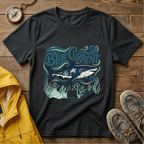 Blue Current Shark Graphic T-Shirt — Ocean Waves & Coral Adventure