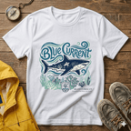 Blue Current Shark Graphic T-Shirt — Ocean Waves & Coral Adventure