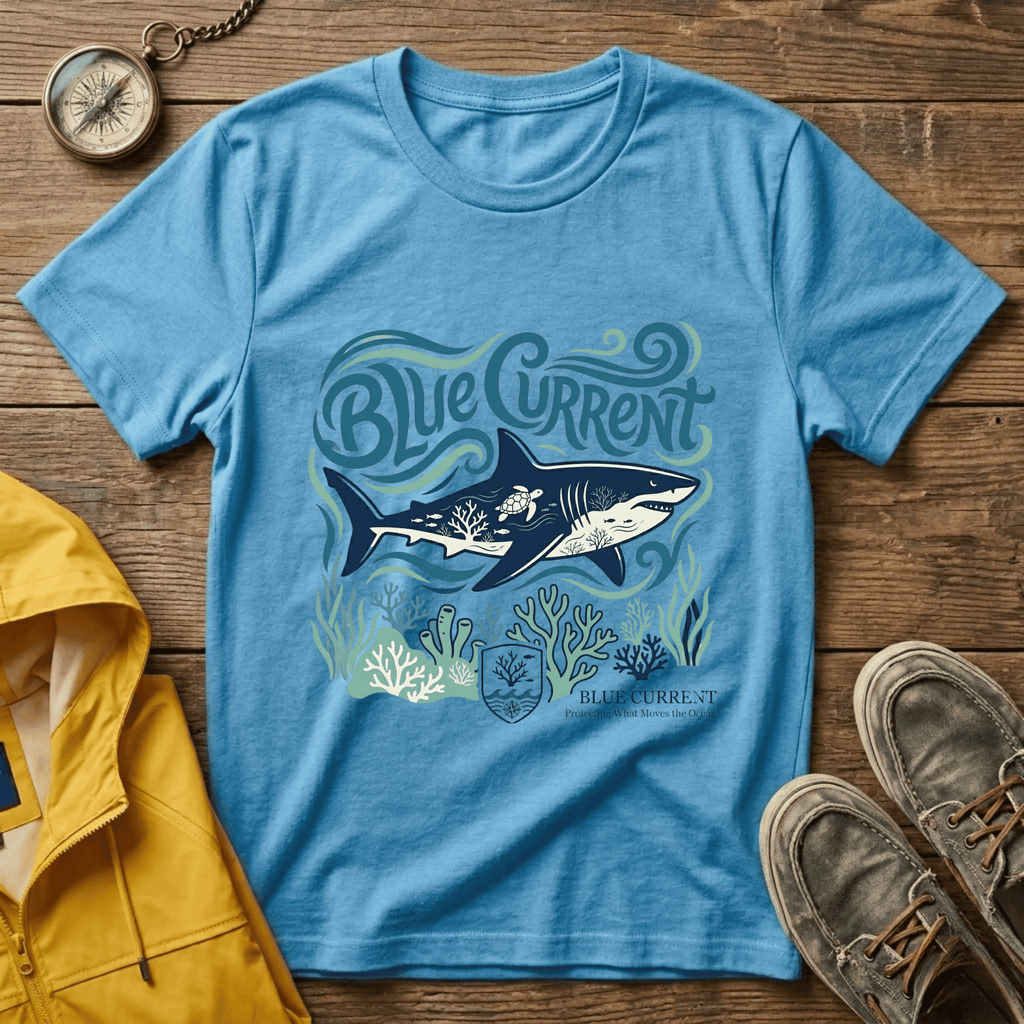 Blue Current Shark Graphic T-Shirt — Ocean Waves & Coral Adventure