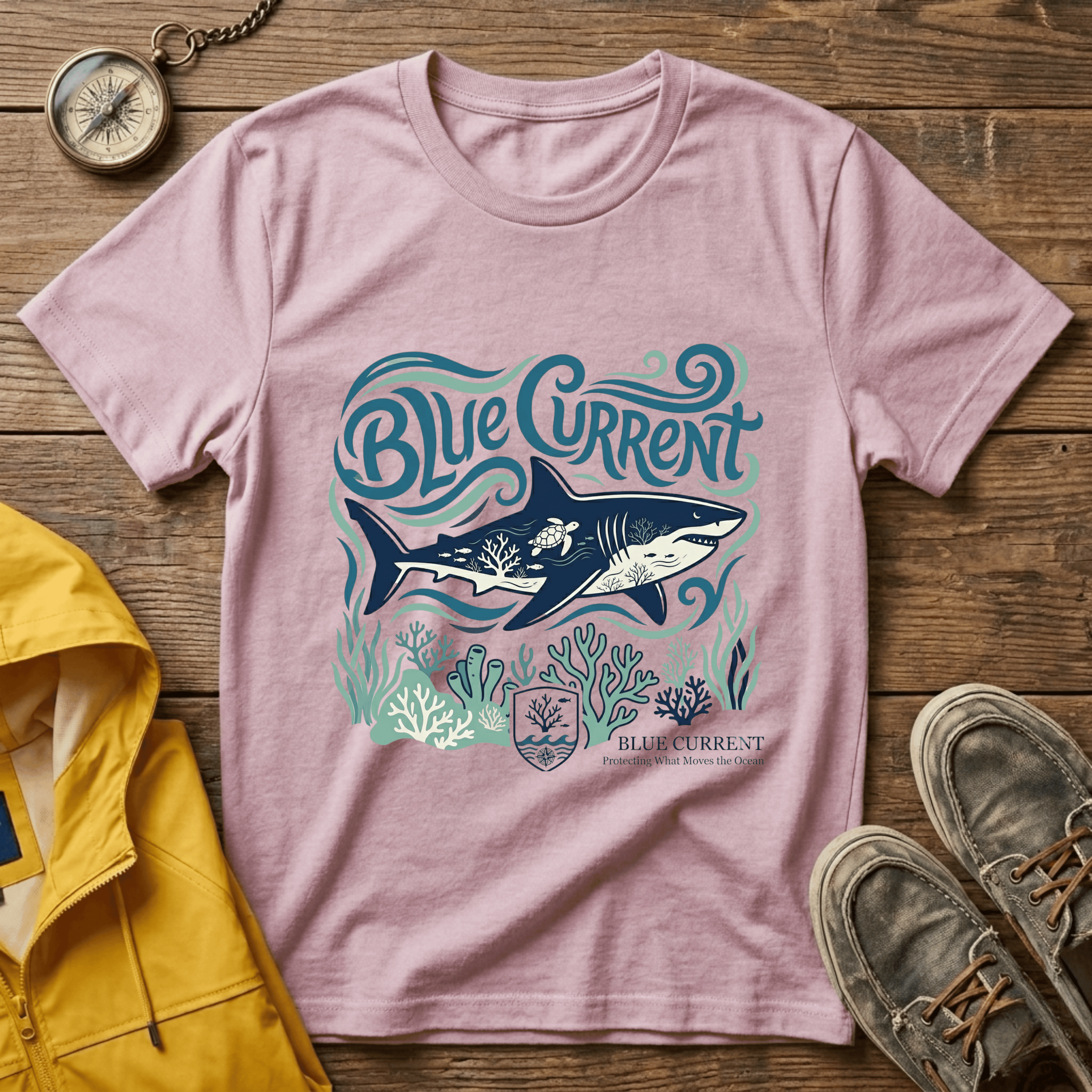 Blue Current Shark Graphic T-Shirt — Ocean Waves & Coral Adventure