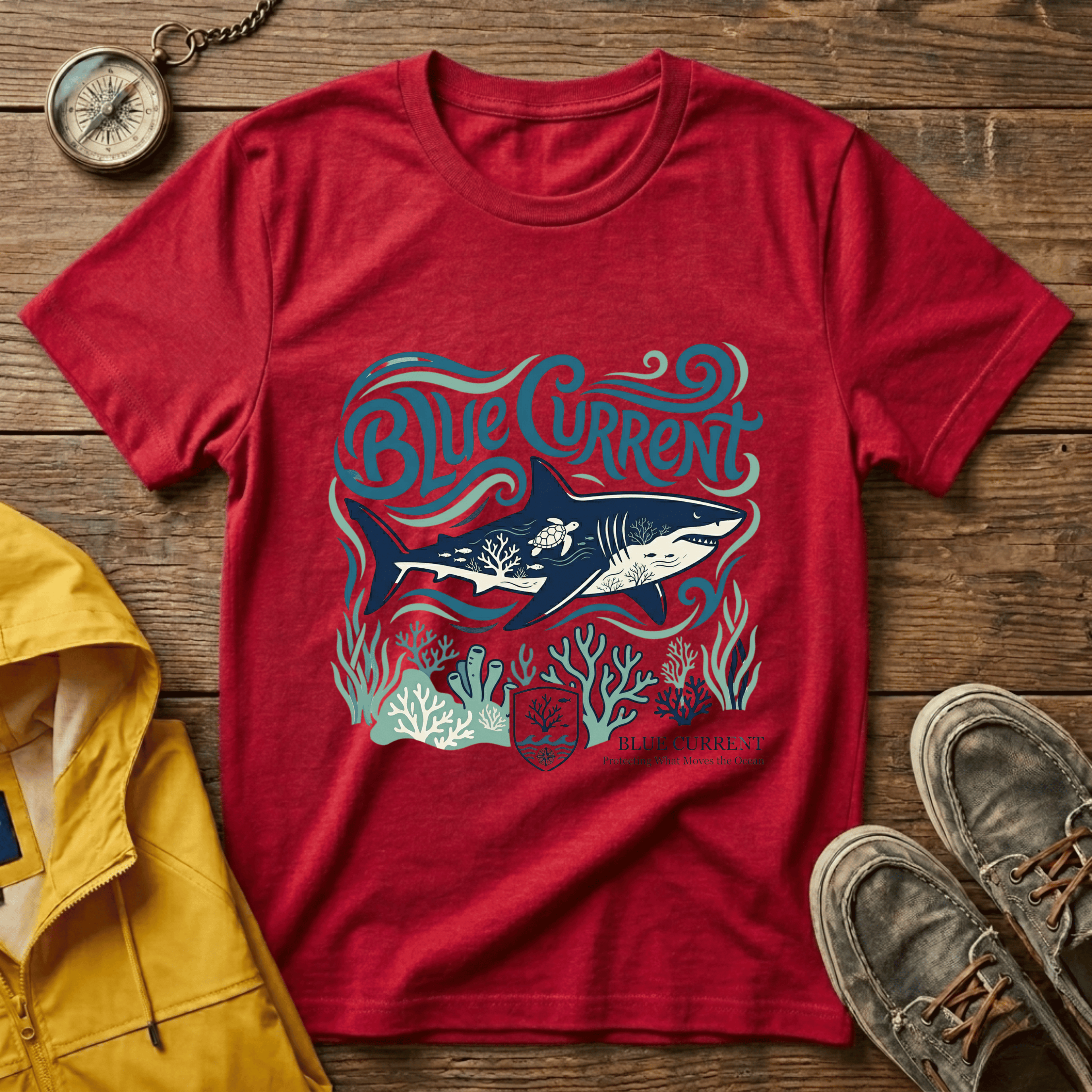 Blue Current Shark Graphic T-Shirt — Ocean Waves & Coral Adventure