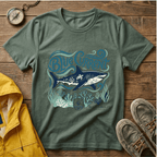 Blue Current Shark Graphic T-Shirt — Ocean Waves & Coral Adventure