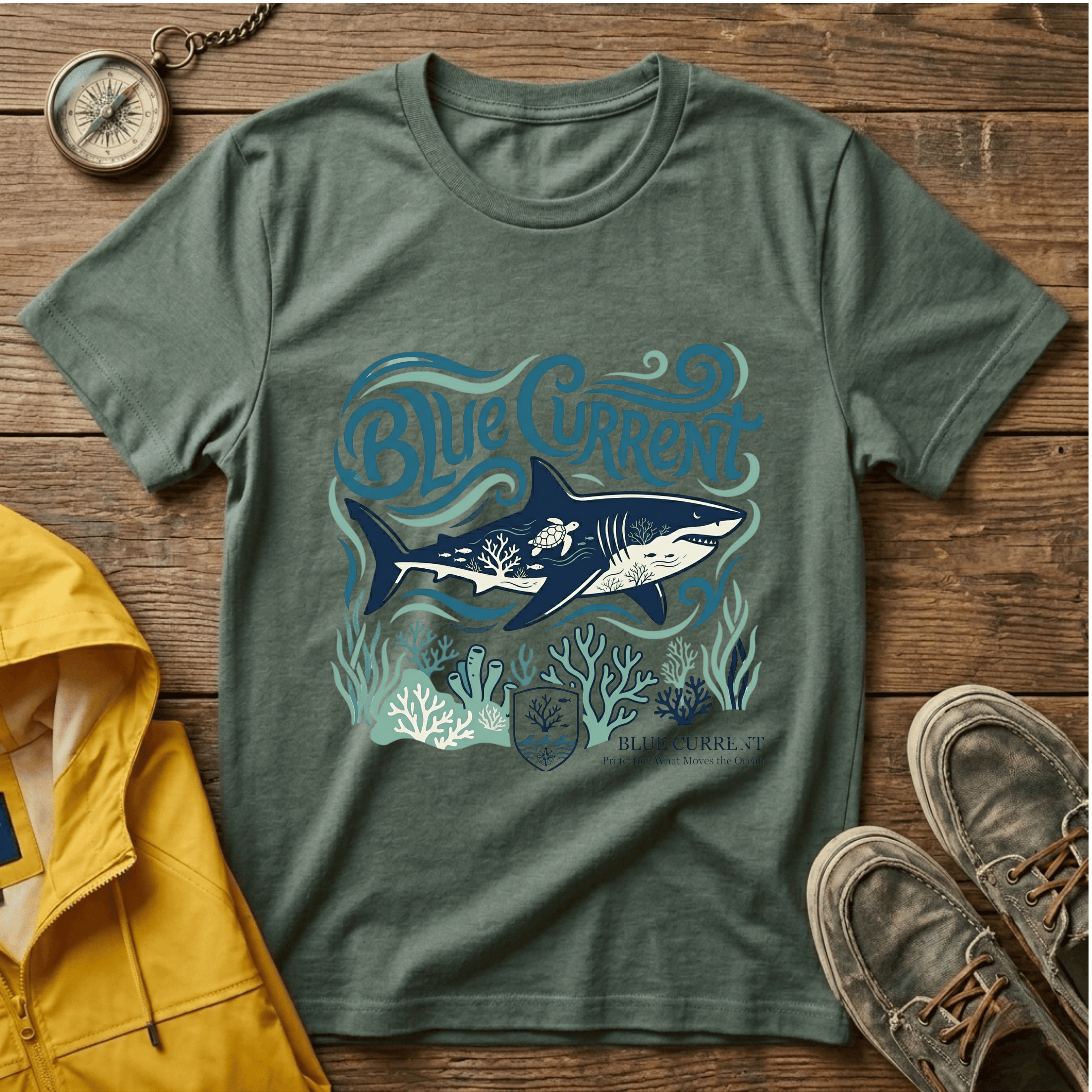 Blue Current Shark Graphic T-Shirt — Ocean Waves & Coral Adventure