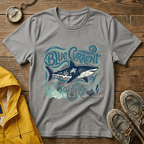 Blue Current Shark Graphic T-Shirt — Ocean Waves & Coral Adventure