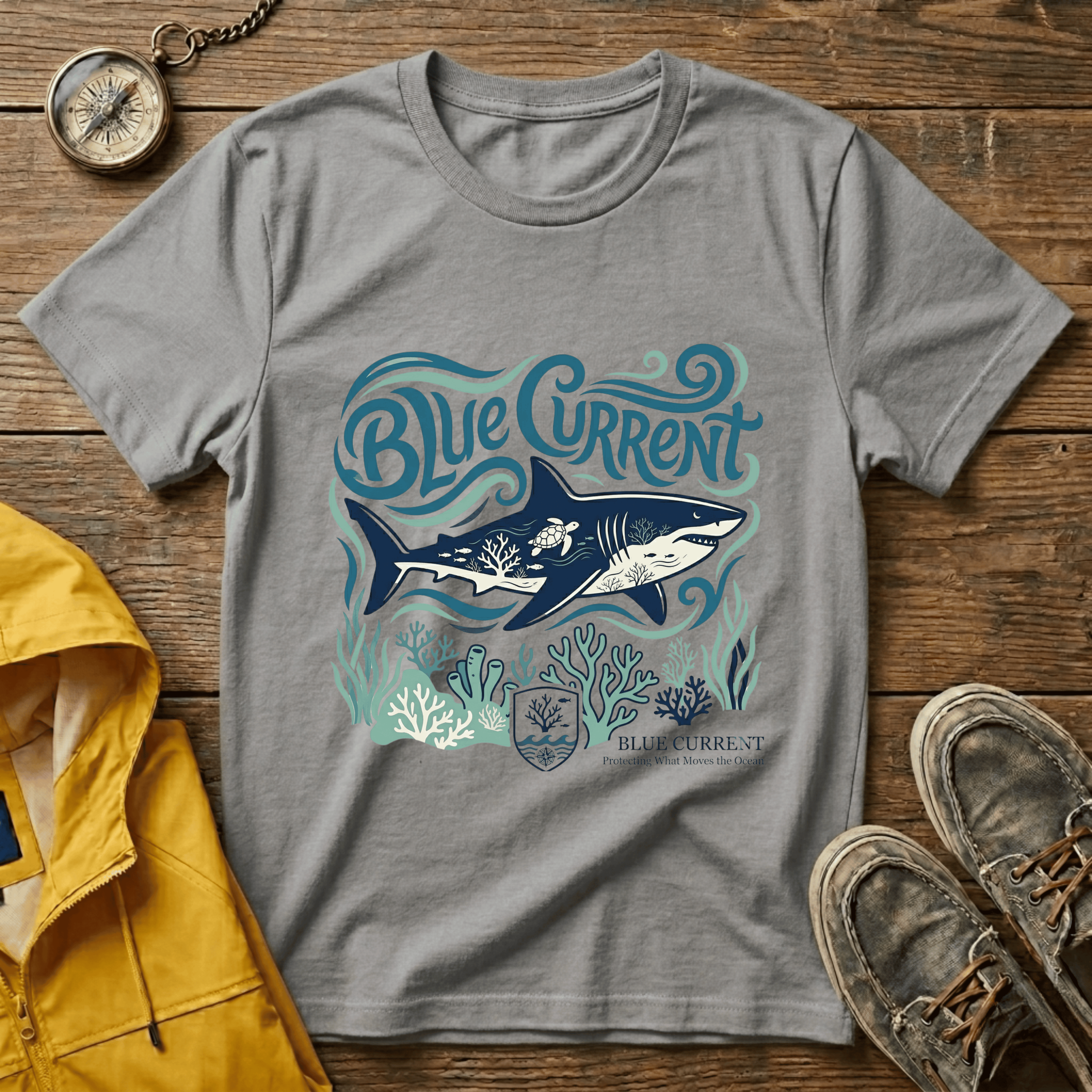 Blue Current Shark Graphic T-Shirt — Ocean Waves & Coral Adventure