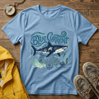 Blue Current Shark Graphic T-Shirt — Ocean Waves & Coral Adventure