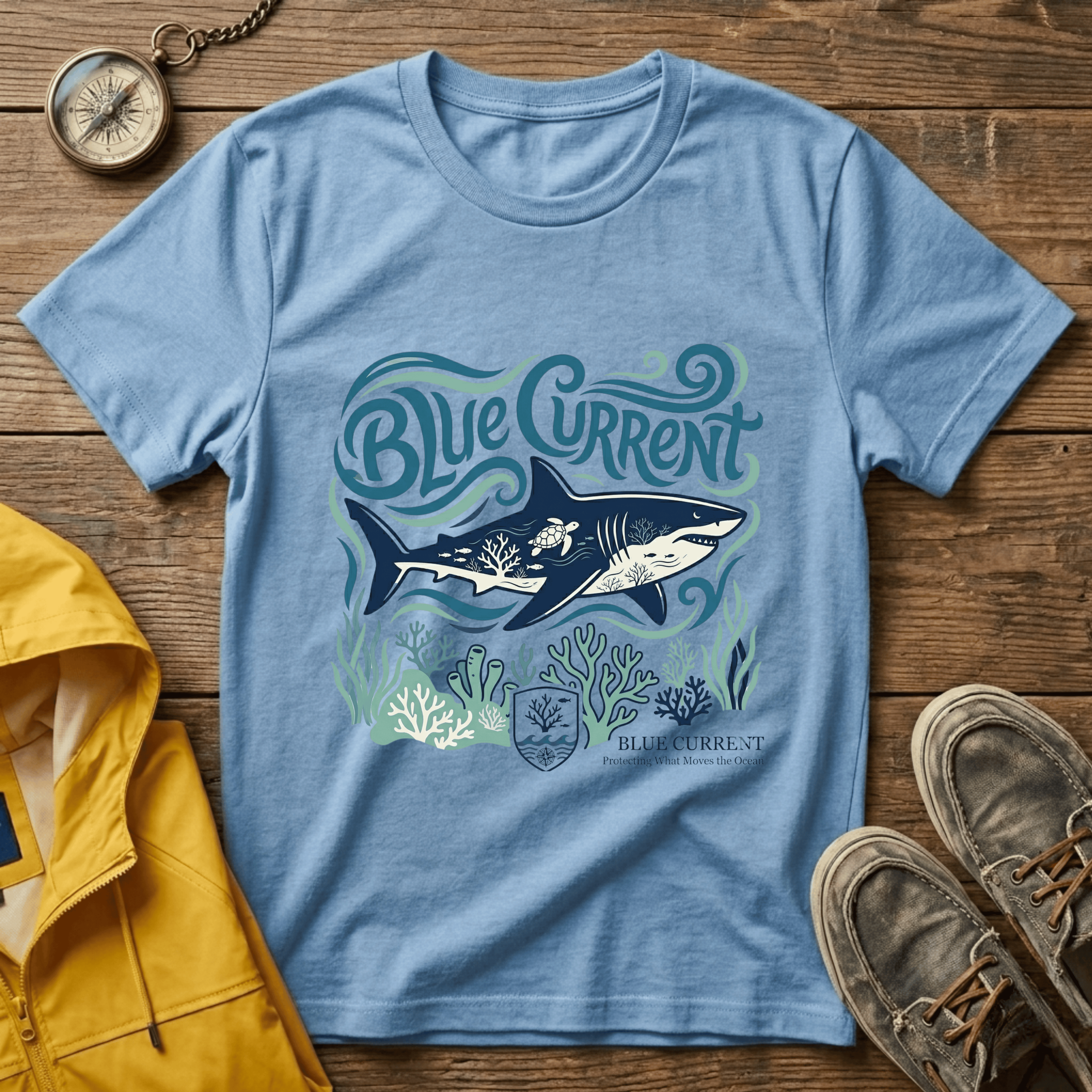 Blue Current Shark Graphic T-Shirt — Ocean Waves & Coral Adventure