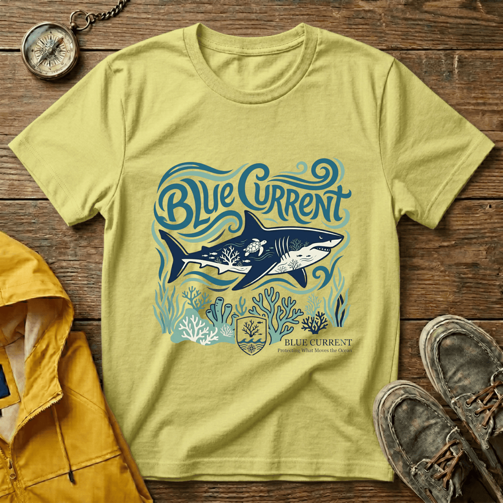 Blue Current Shark Graphic T-Shirt — Ocean Waves & Coral Adventure