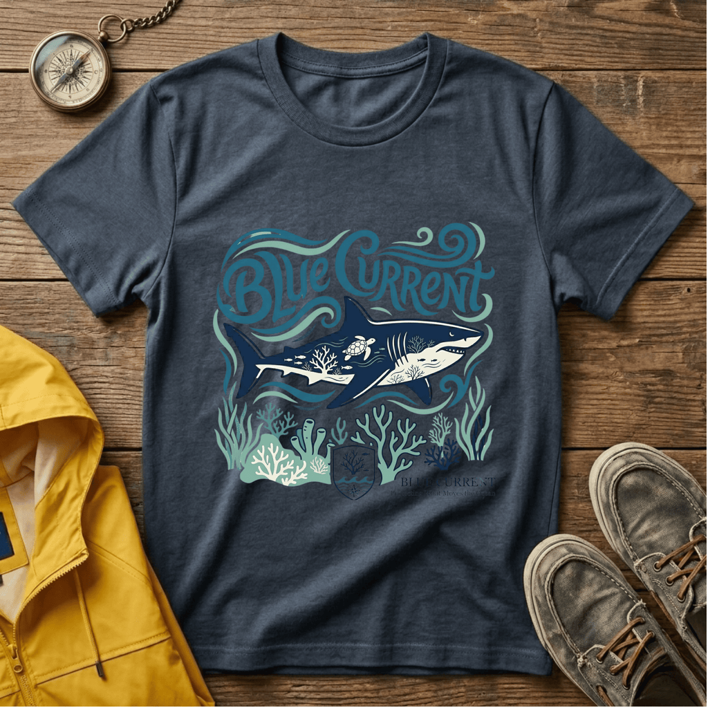 Blue Current Shark Graphic T-Shirt — Ocean Waves & Coral Adventure