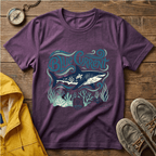 Blue Current Shark Graphic T-Shirt — Ocean Waves & Coral Adventure