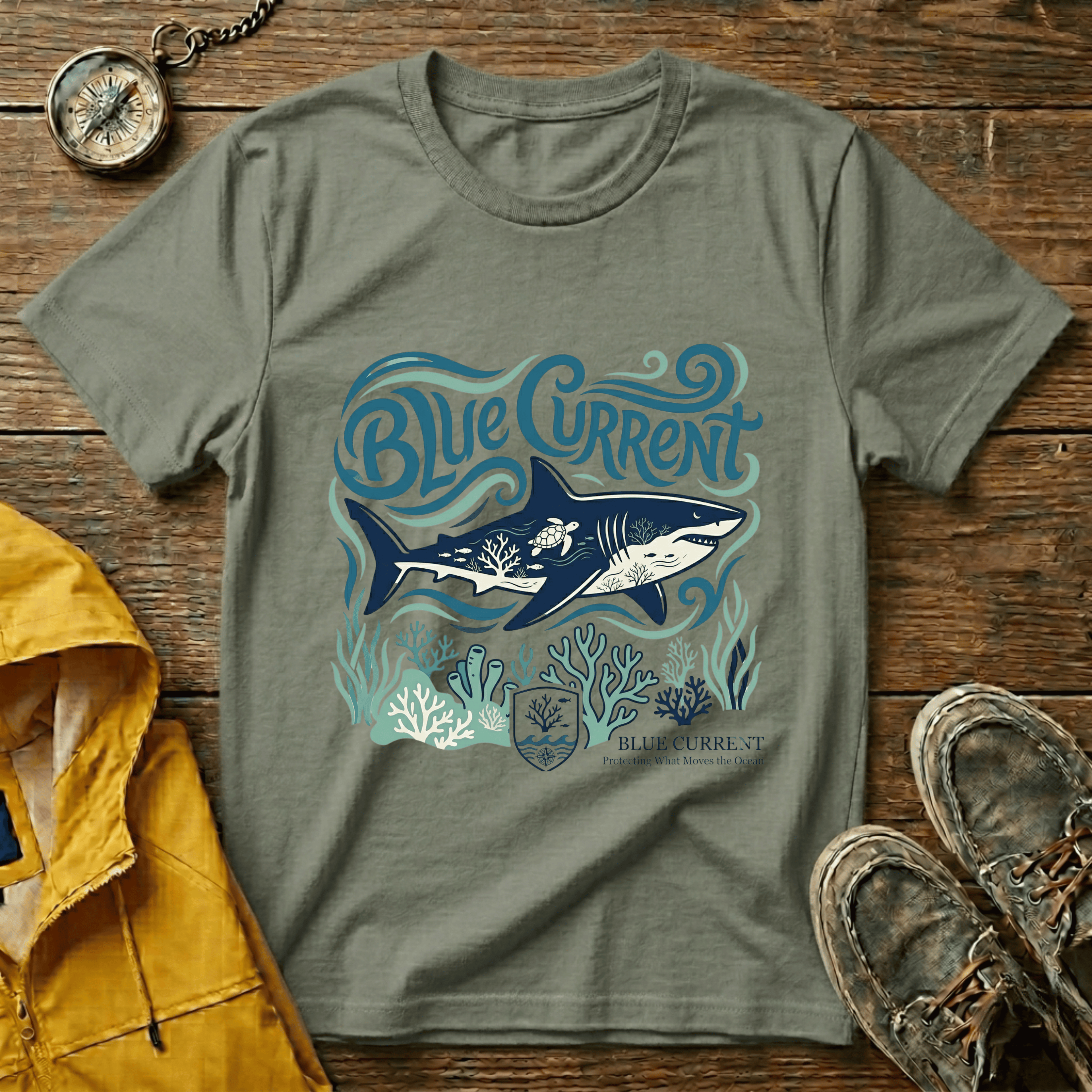 Blue Current Shark Graphic T-Shirt — Ocean Waves & Coral Adventure