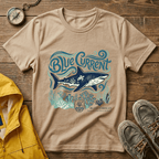Blue Current Shark Graphic T-Shirt — Ocean Waves & Coral Adventure