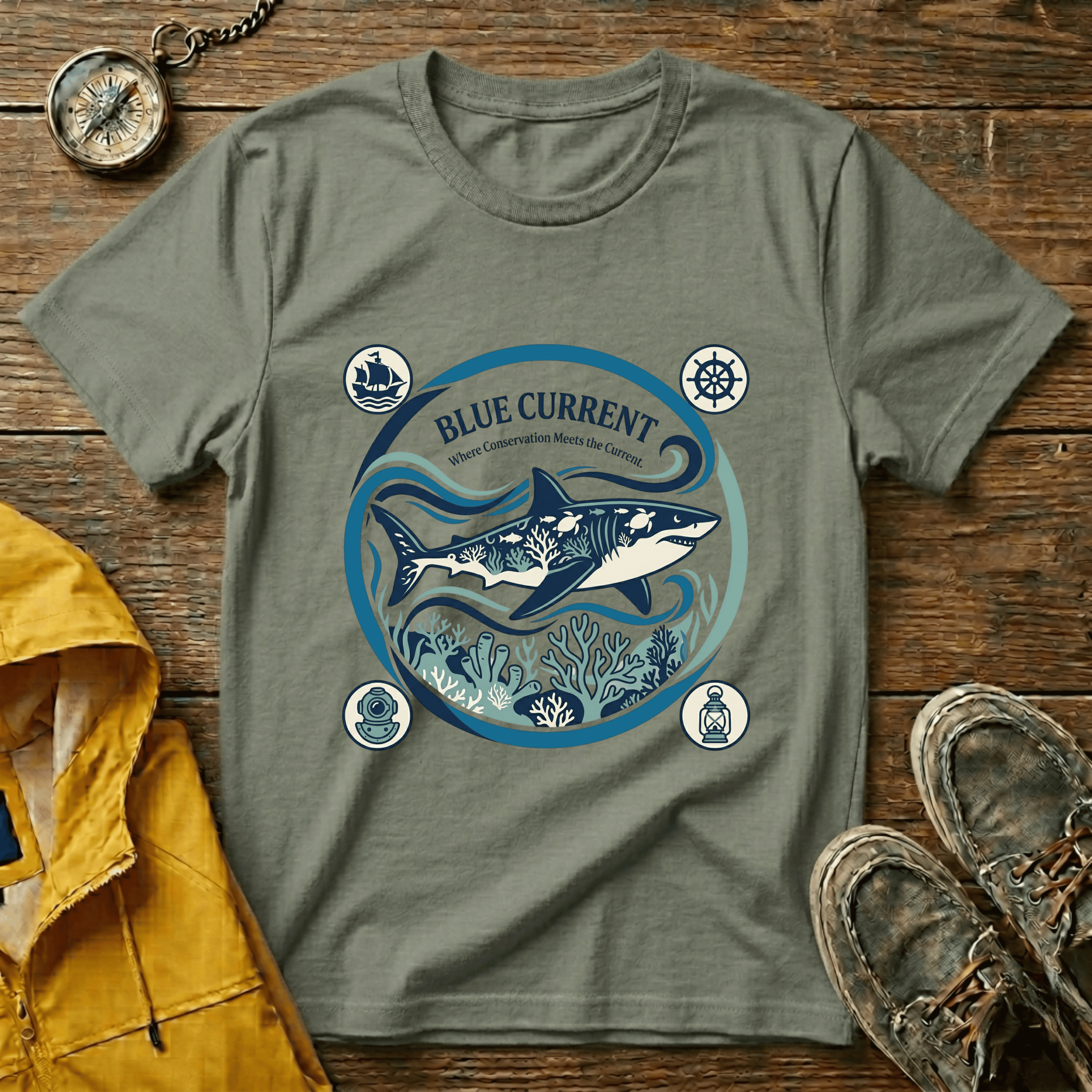 Shark Graphic T-Shirt — "Blue Current" Ocean Conservation Tee