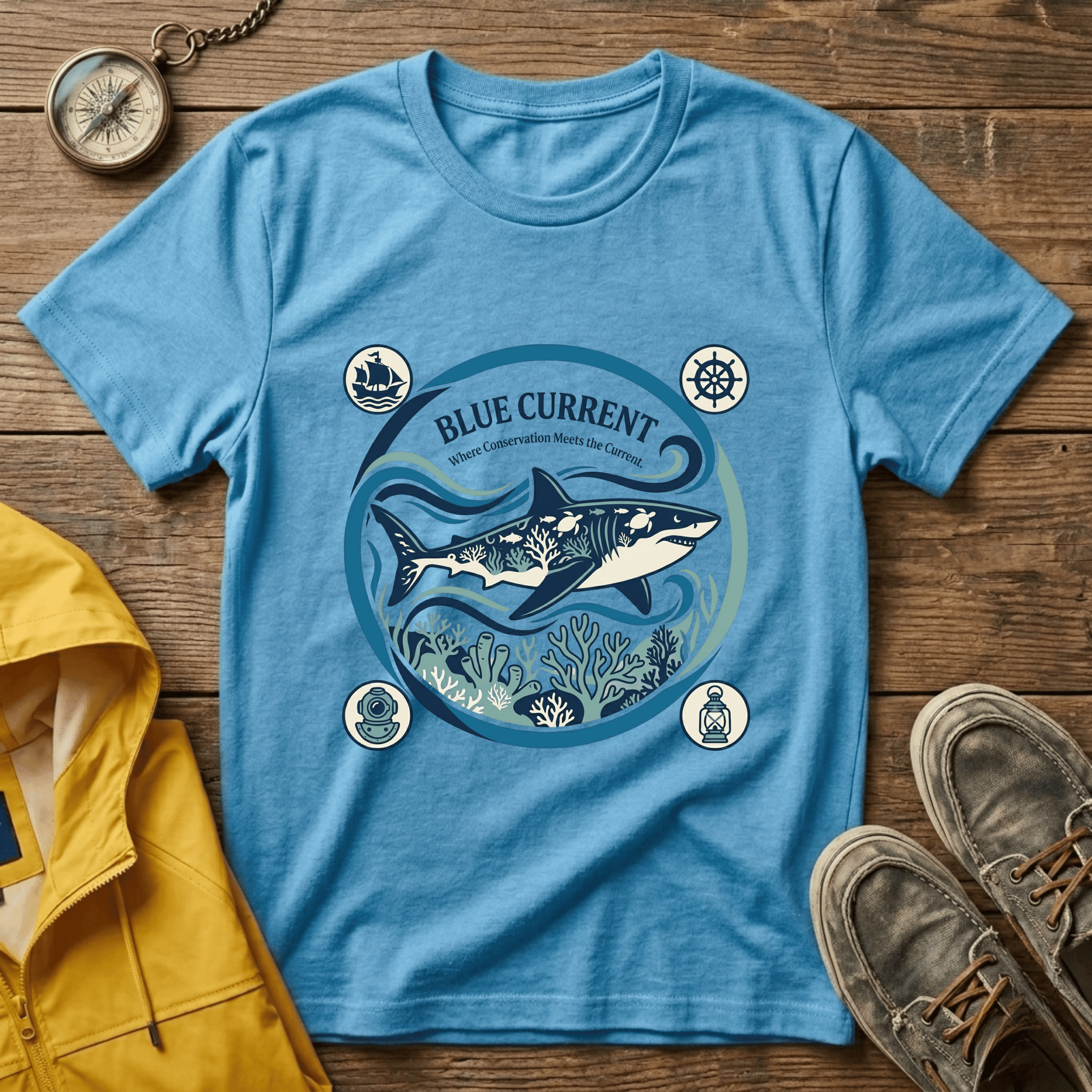 Shark Graphic T-Shirt — "Blue Current" Ocean Conservation Tee