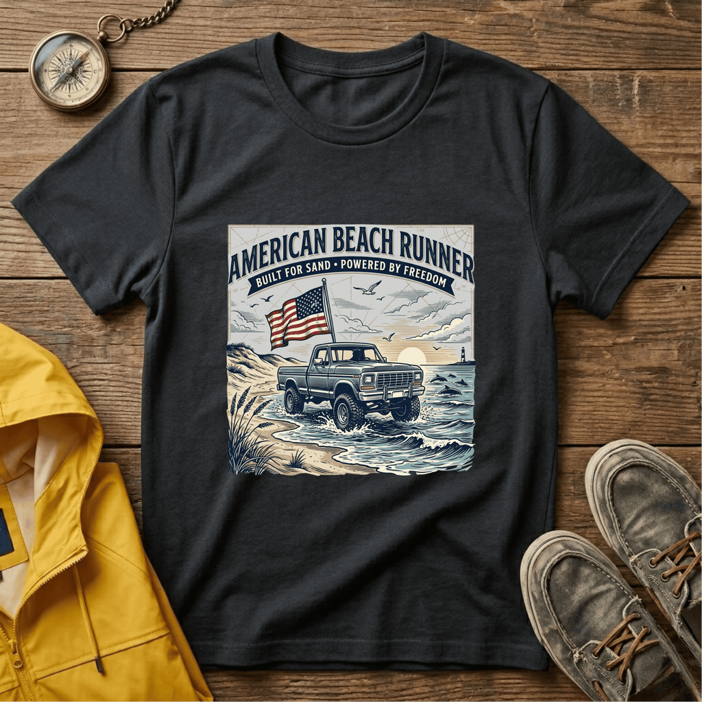 American Beach Runner T-Shirt — Vintage Jeep Flag Graphic