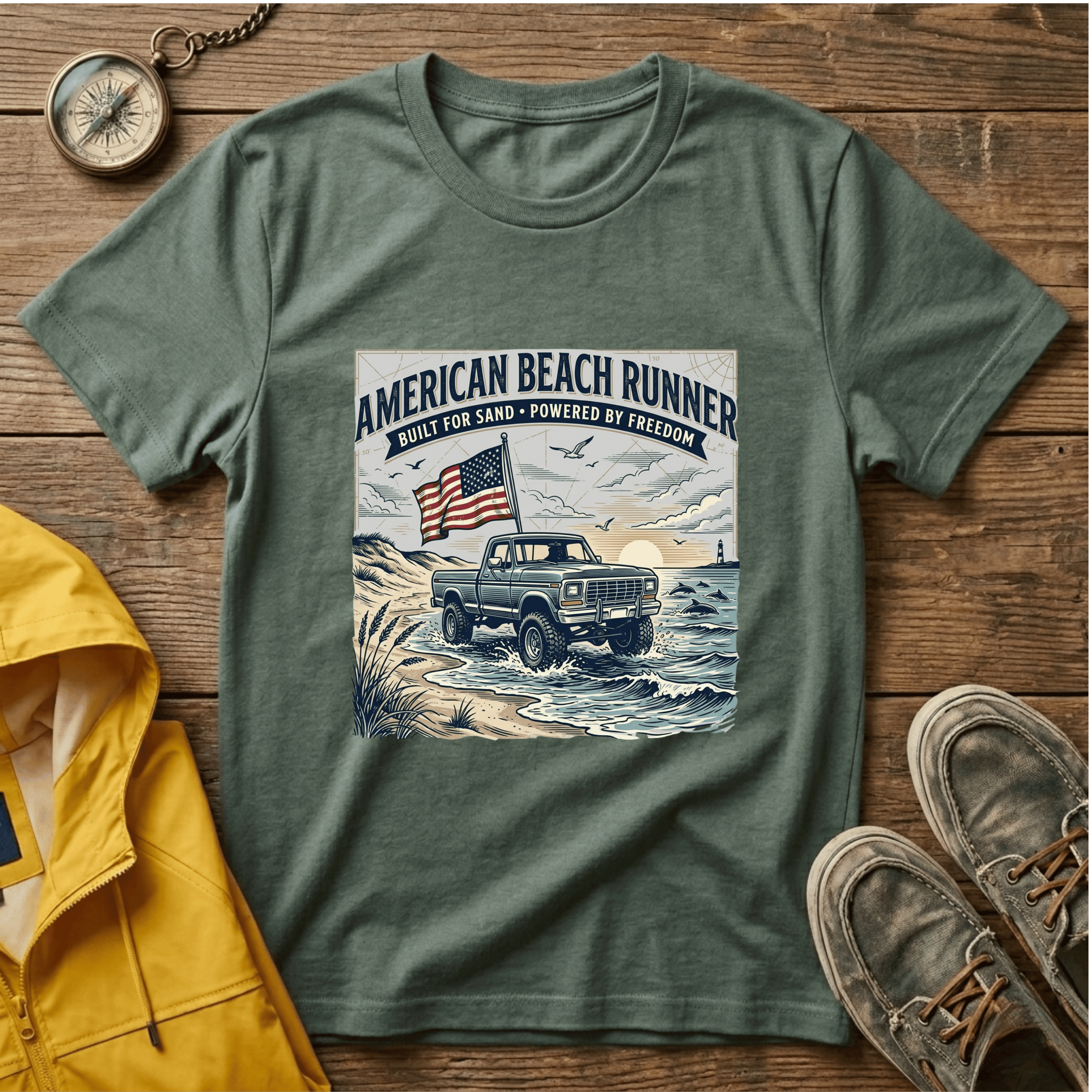 American Beach Runner T-Shirt — Vintage Jeep Flag Graphic