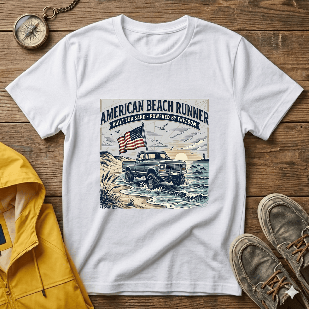 American Beach Runner T-Shirt — Vintage Jeep Flag Graphic