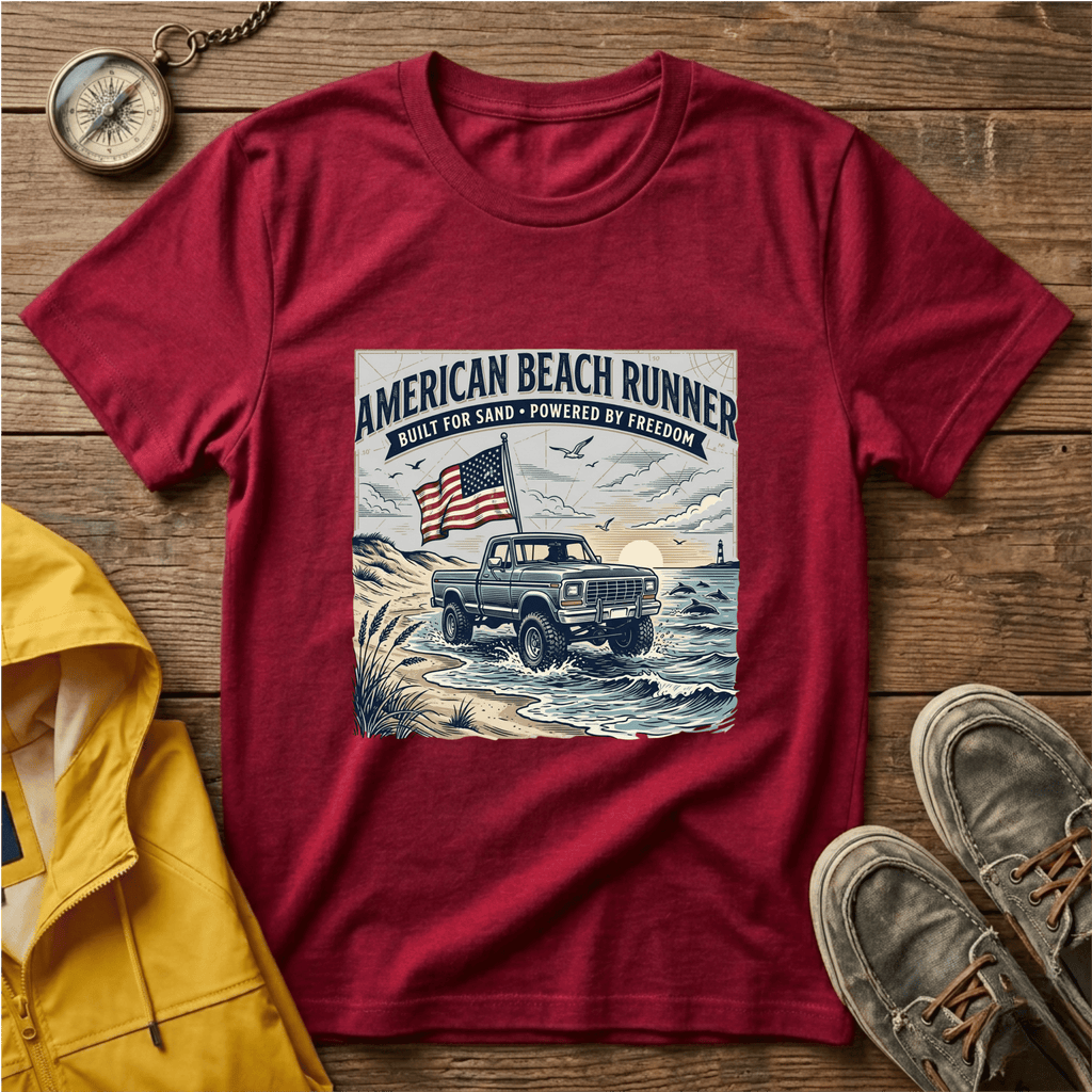 American Beach Runner T-Shirt — Vintage Jeep Flag Graphic